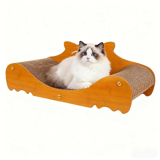 Cat Scratcher Lounge, Orange Wooden Frame with Cardboard Insert, Large Size Scratching Bed for Small Medium and Large Cats
