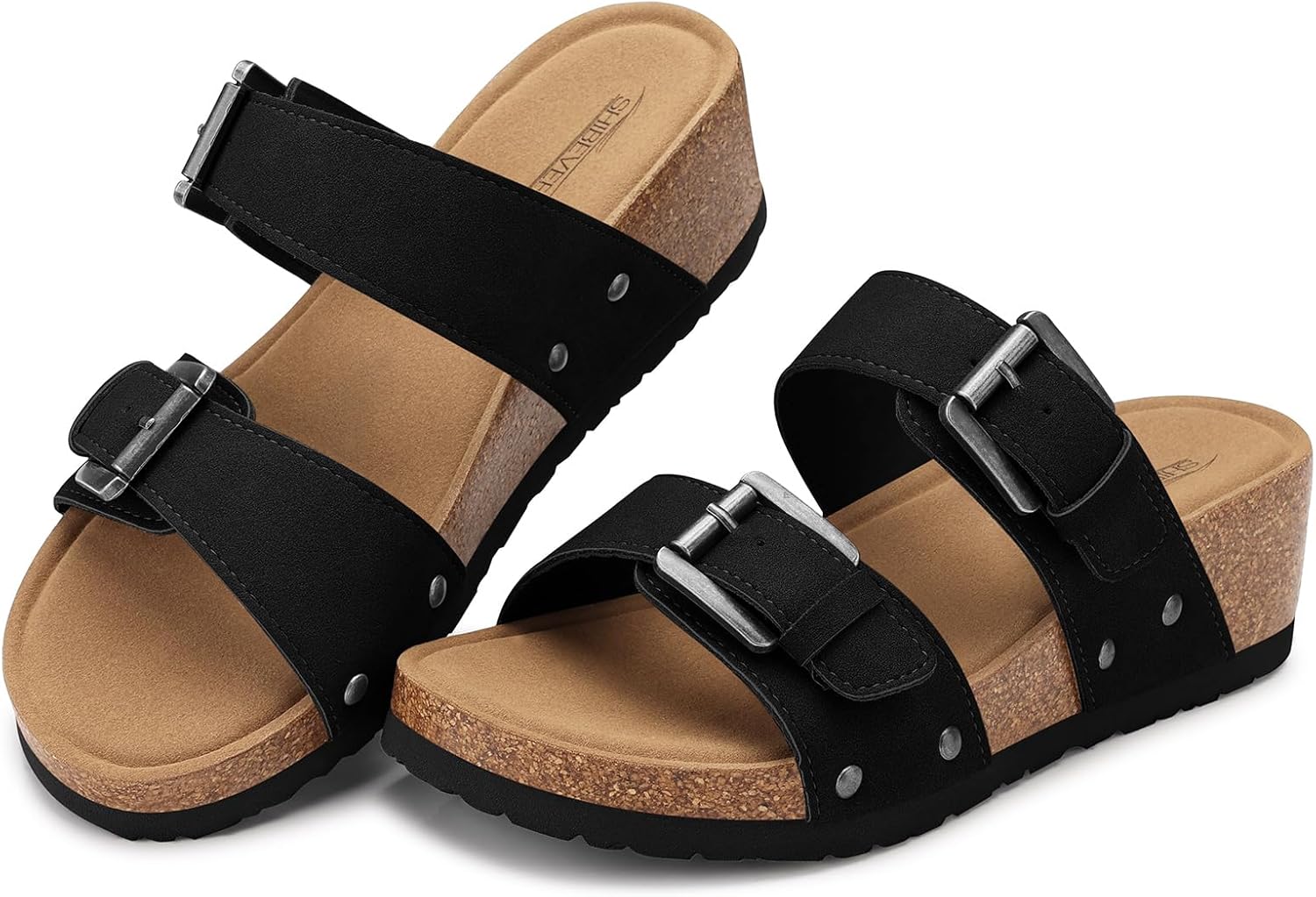 SHIBEVER Wedge Sandals for Women 2025: Slip on Adjustable Buckle Strap Wedges Sandals Comfortable Cork Footbed Shoes 2 Inch 8 Black image 6 of 6 B0F3D9SDT9