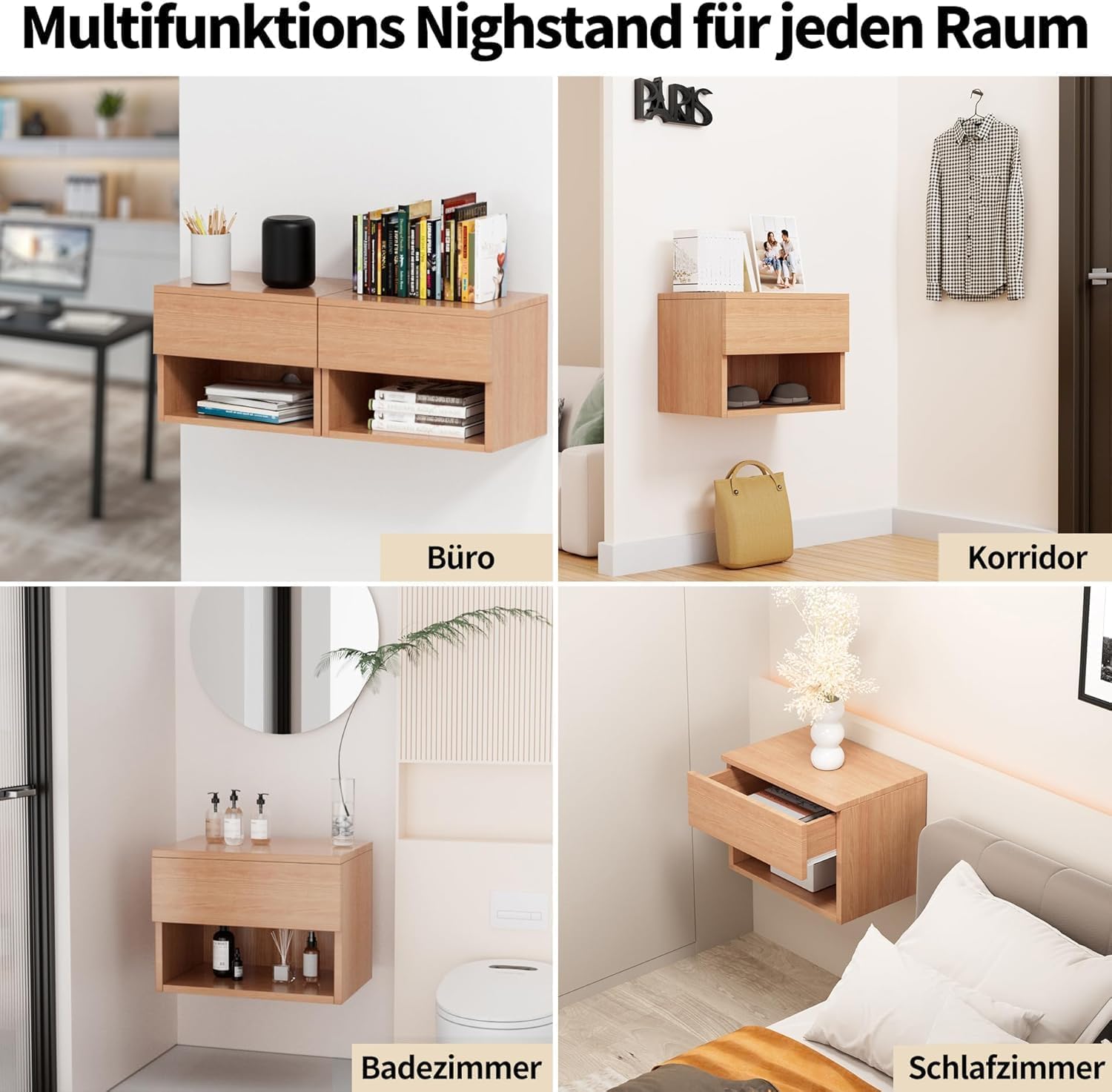 Kiseely Nachttisch hängende, Schwebender Nachtschrank mit Schubladen und viel Stauraum, hölzerner Nachttisch Regal, Beistelltisch Holz moderner für Schlafzimmer (Buche TY3, 2 Packs)