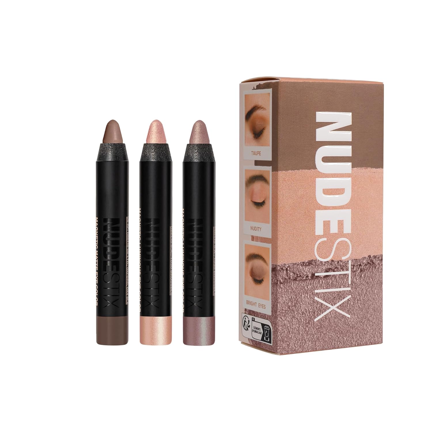 Nudestix Bright Nude Eyes Mini Kit – 3-Piece Cream Eyeshadow Pencil Set with Matte & Luminous Finishes | Long-Wear, Vegan Eye Makeup Crayons for Highlighting & Defining | Travel-Size Clean Beauty