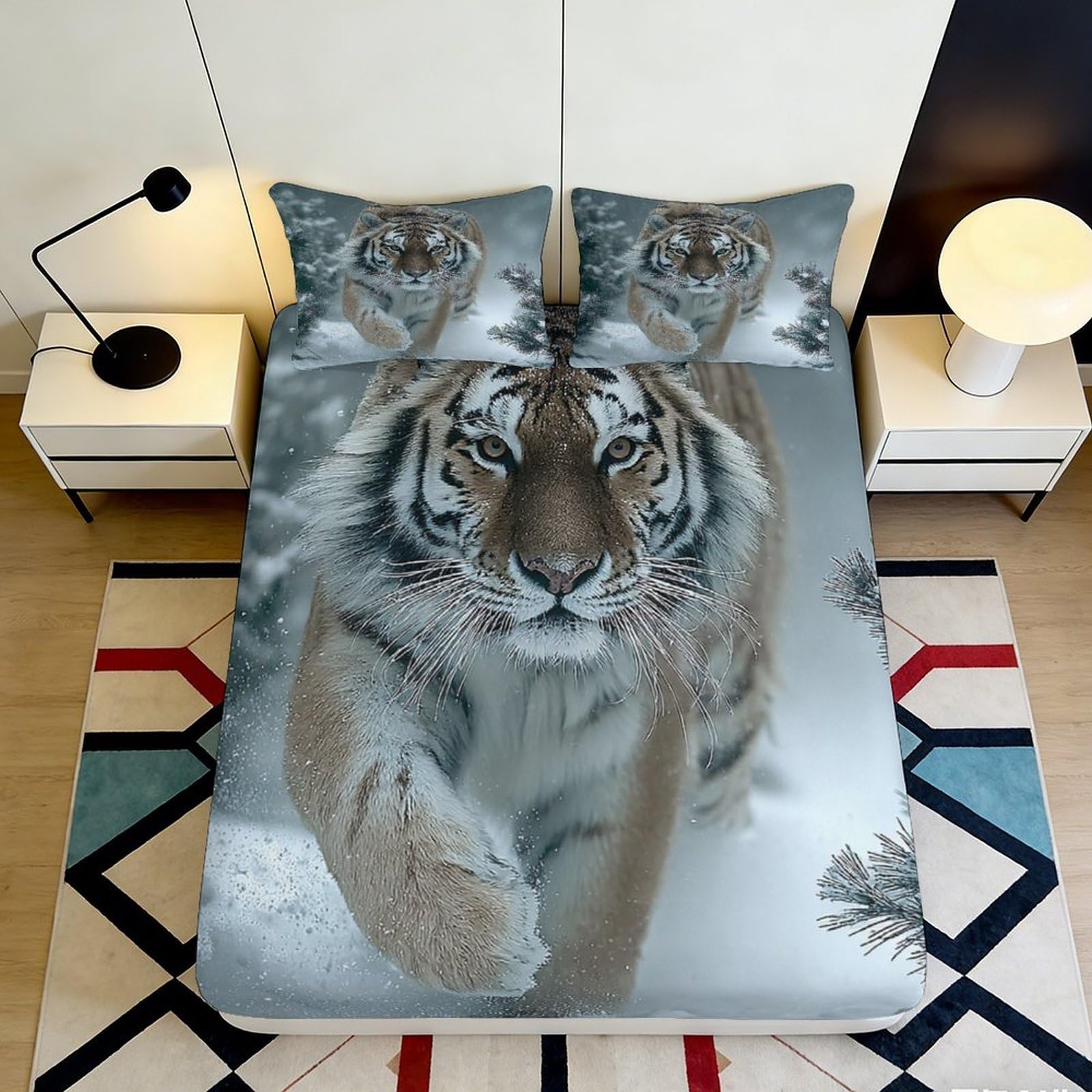 3D Printed Snow Forest Tiger Fitted Sheet Microfiber Soft Bed Sheet for Bedroom Dorm Mattress Cover Decor 120x200cm 200x200x25cm