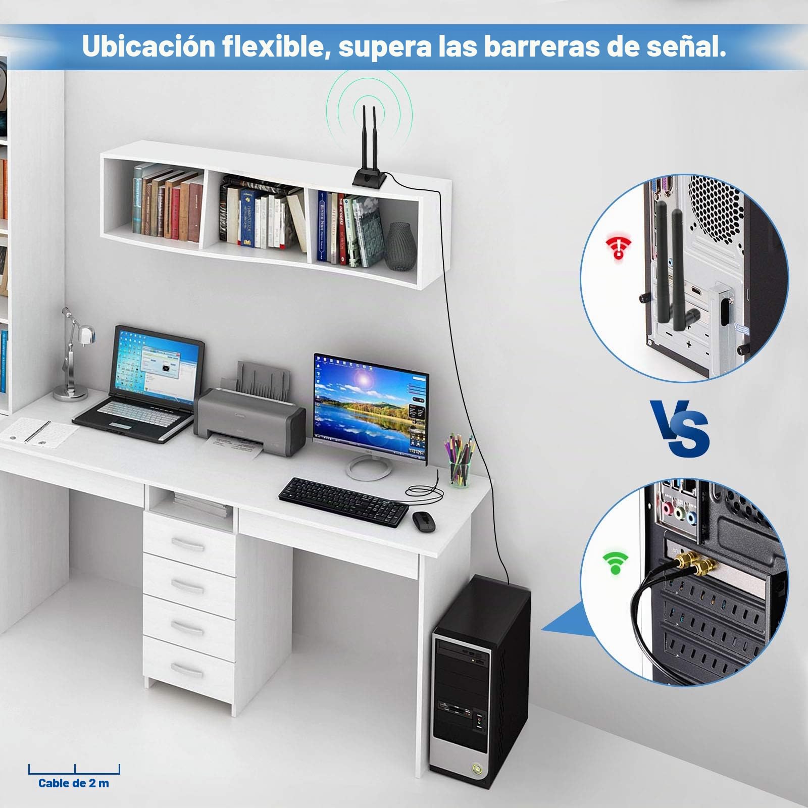 Eightwood Antena WiFi 2.4G/5.8G Antena magnética de Doble frecuencia 6dBi RP-SMA Cable de extensión de 2m Compatible para Tarjeta WiFi WLAN Tarjetas PCI Router inalámbrico Bluetooth Dlink