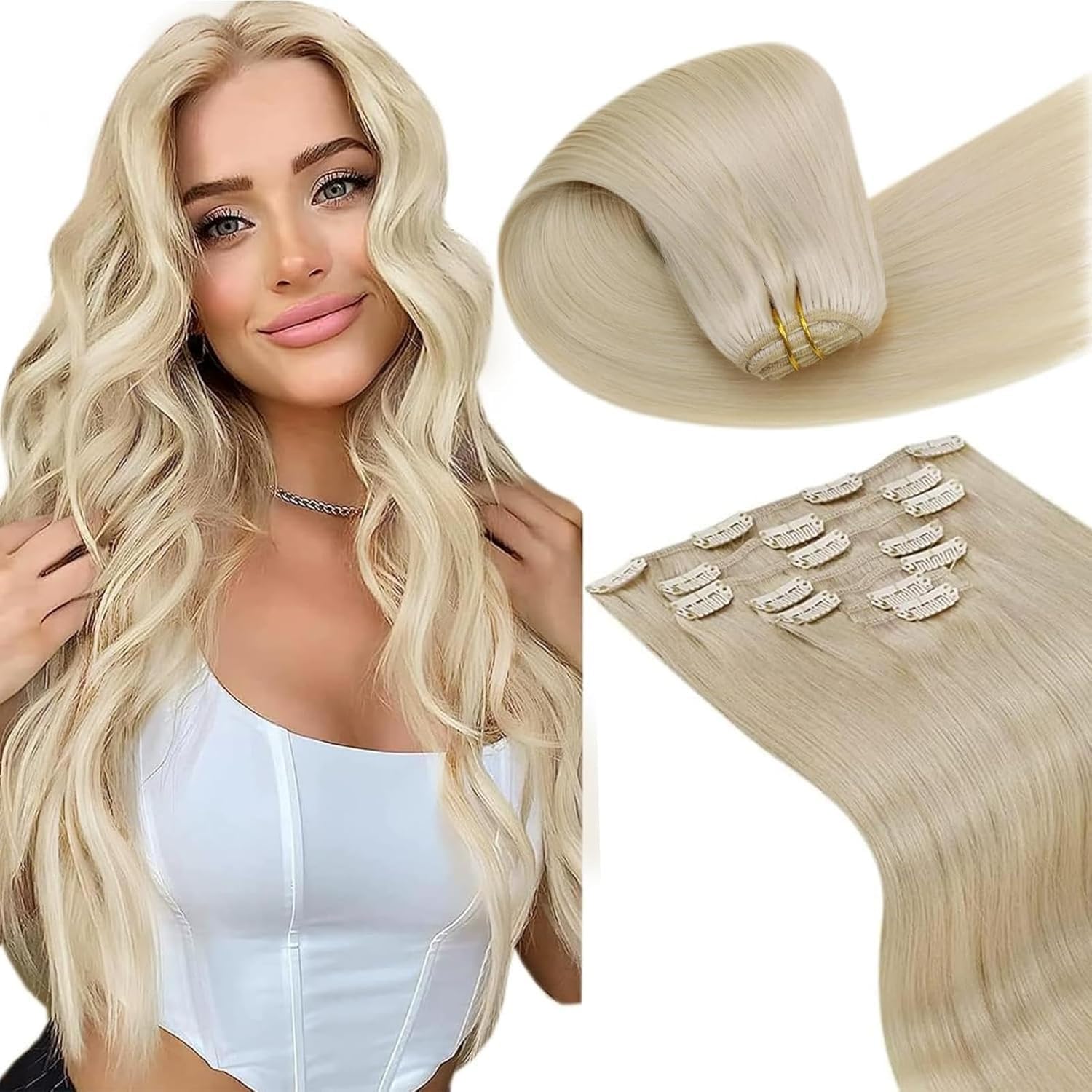 LaaVoo Extension Capelli Veri Clip 120g 50 cm 7pcs Biondo Candido Extension con Clip Remy Naturali Liscio Extension Clip Fascia Unica #613