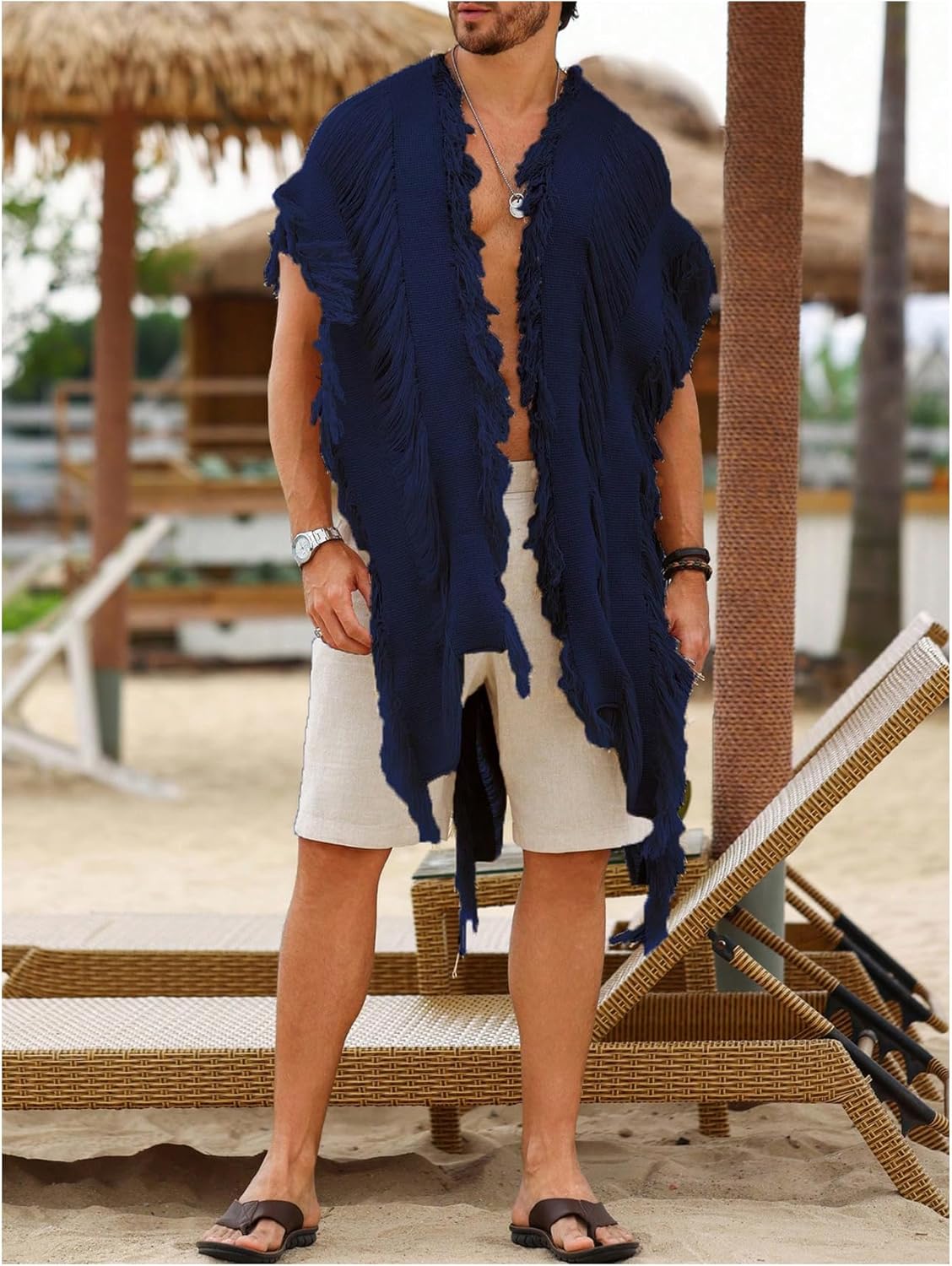 Verdusa Men's Knit Poncho Fringe Loose Cardigan Cape Knit Shawl Wrap Beach Vacation Outfits - Image 4