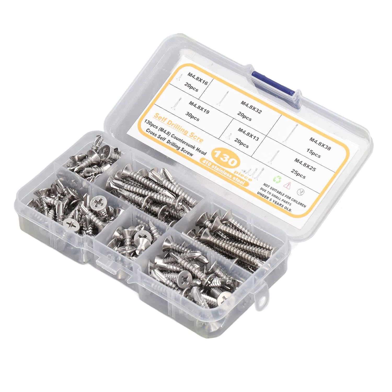 130PCS SelfDrilling Stainl Steel Flat Head Screws for Fiberglass, Proof, Convenient Storage Box Included