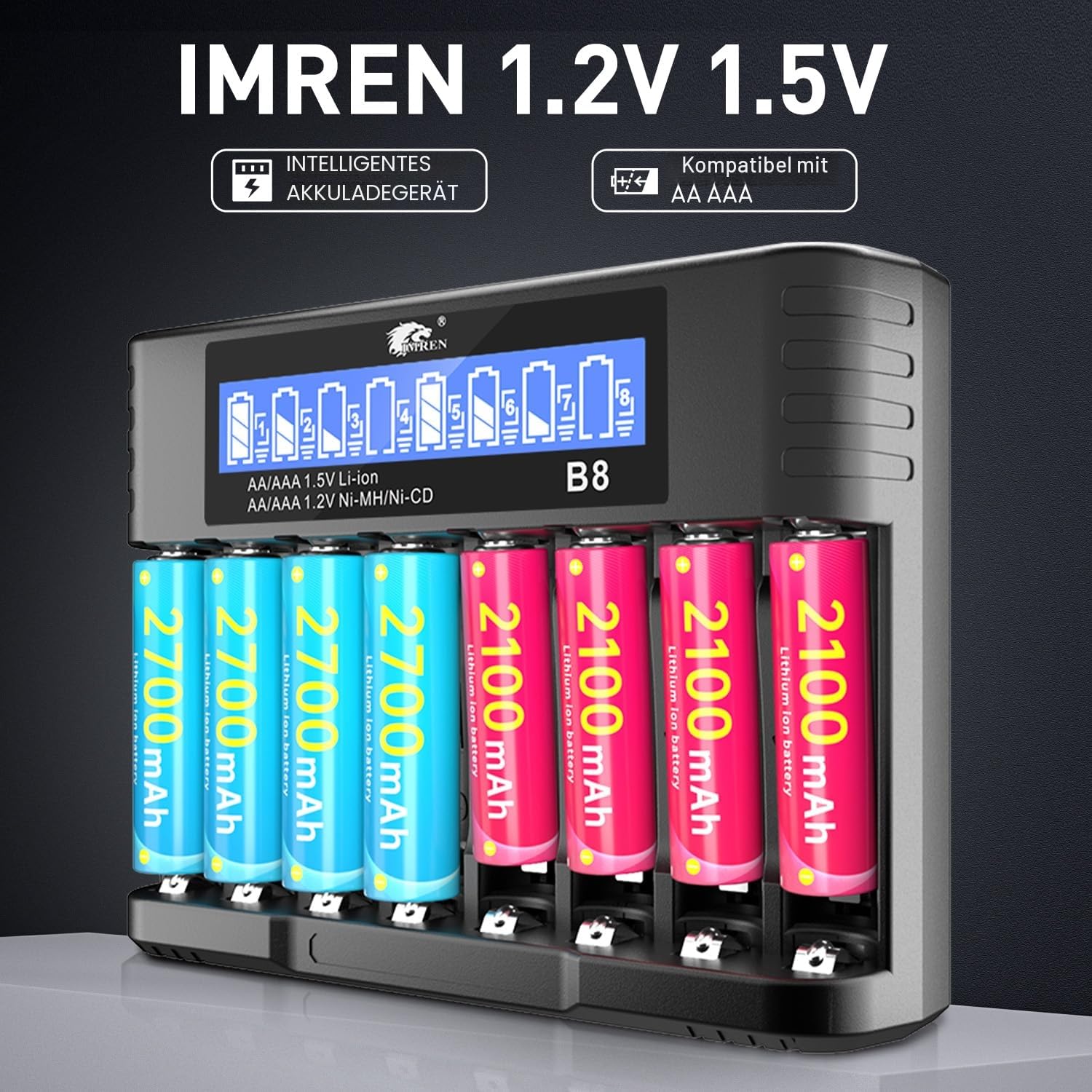 IMREN Akku Ladegerät AA AAA, 8 Slots 1.2V NiMH/NiCD 1.5V Lithium AA/AAA Batterien Ladegerät, 5V 2A Typ-C Schnelles Intelligentes Akkuladegerät mit LCD Display
