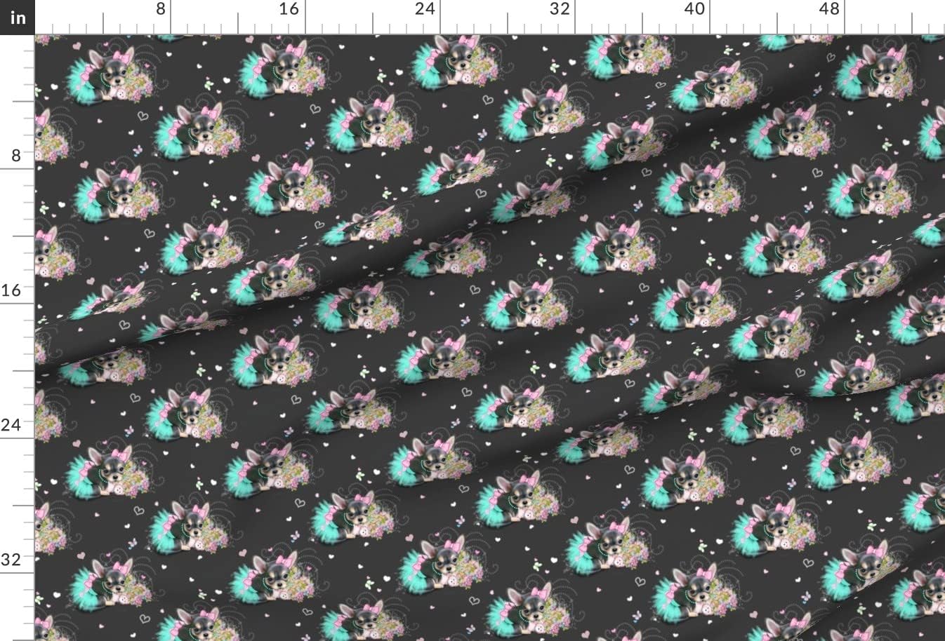 Spoonflower Fabric - Grey Chihuahua Black Dog Puppy Flowers Tutu Hearts Printed on Minky Fabric by The Yard - Sewing Baby Blankets Quilt Backing Plush