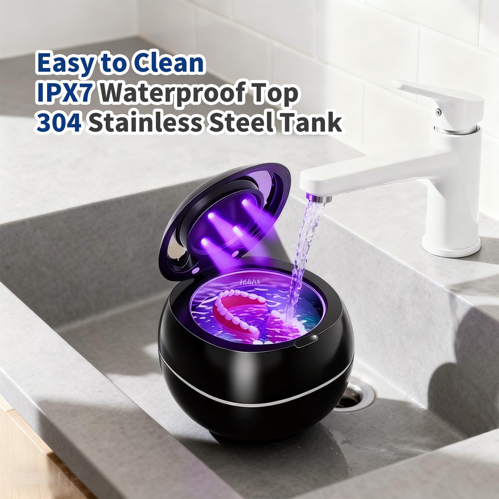 Máquina limpiadora ultrasónica de prótesis, portátil de 42 kHz con luz UV, kit de limpieza de dientes falsos sónicos para retenedores, alineadores, prótesis, protectores bucales, aparatos
