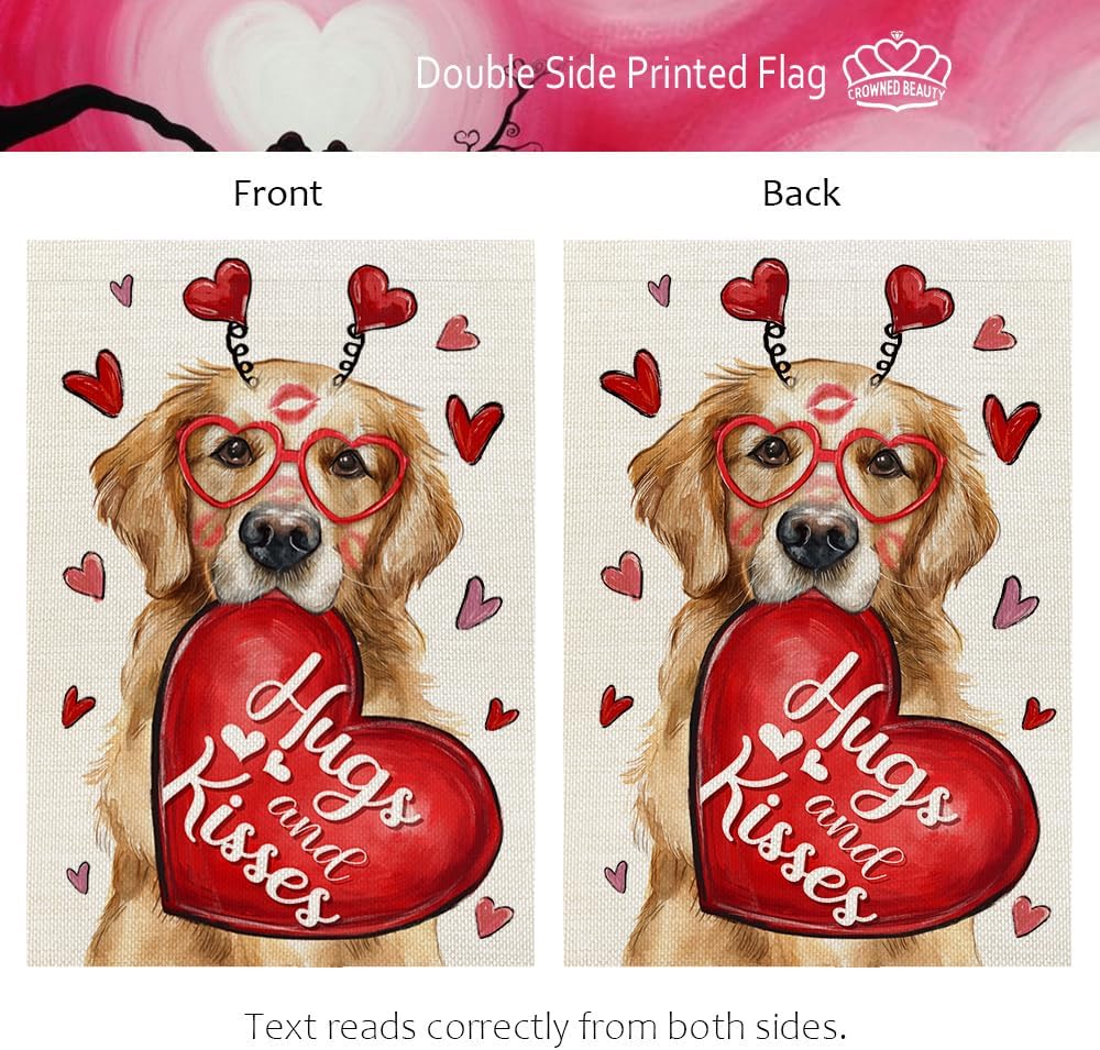 CROWNED BEAUTY Valentines Day Garden Flag Dog Heart 12x18 Inch Double Sided Red Hugs Kisses Welcome Decoration for Outside Yard CF1913-12 - Image 4