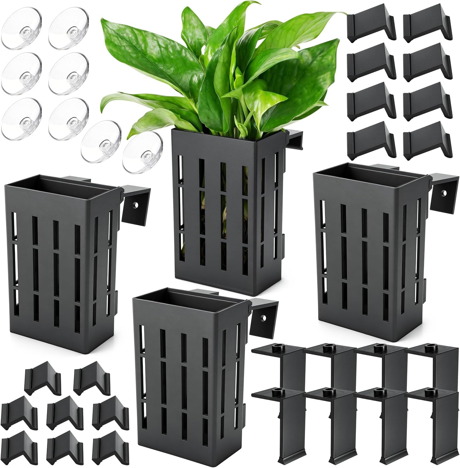 Borlech Upgraded Large Aquarium Plant Holder with Hooks and Suction Cups for Fish Tank Aquaponic Plant Cultivation and Aquascape Decorations (Black)
