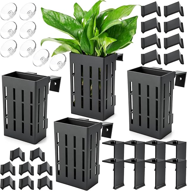 Upgraded Aquarium Plant Holder with Hooks and Suction Cups for Fish Tank Aquaponic Plants Cultivation and Aquascape Decorations (Black)
