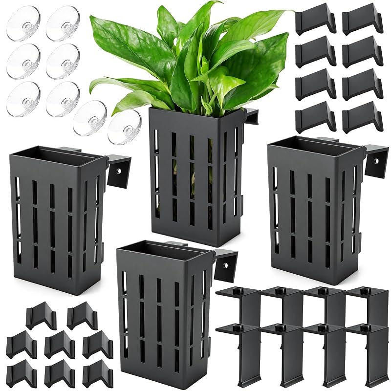 Suporte para Plantas de Aquário Borlech em PP com Ganchos e Ventosas Black, 4 Unidades
