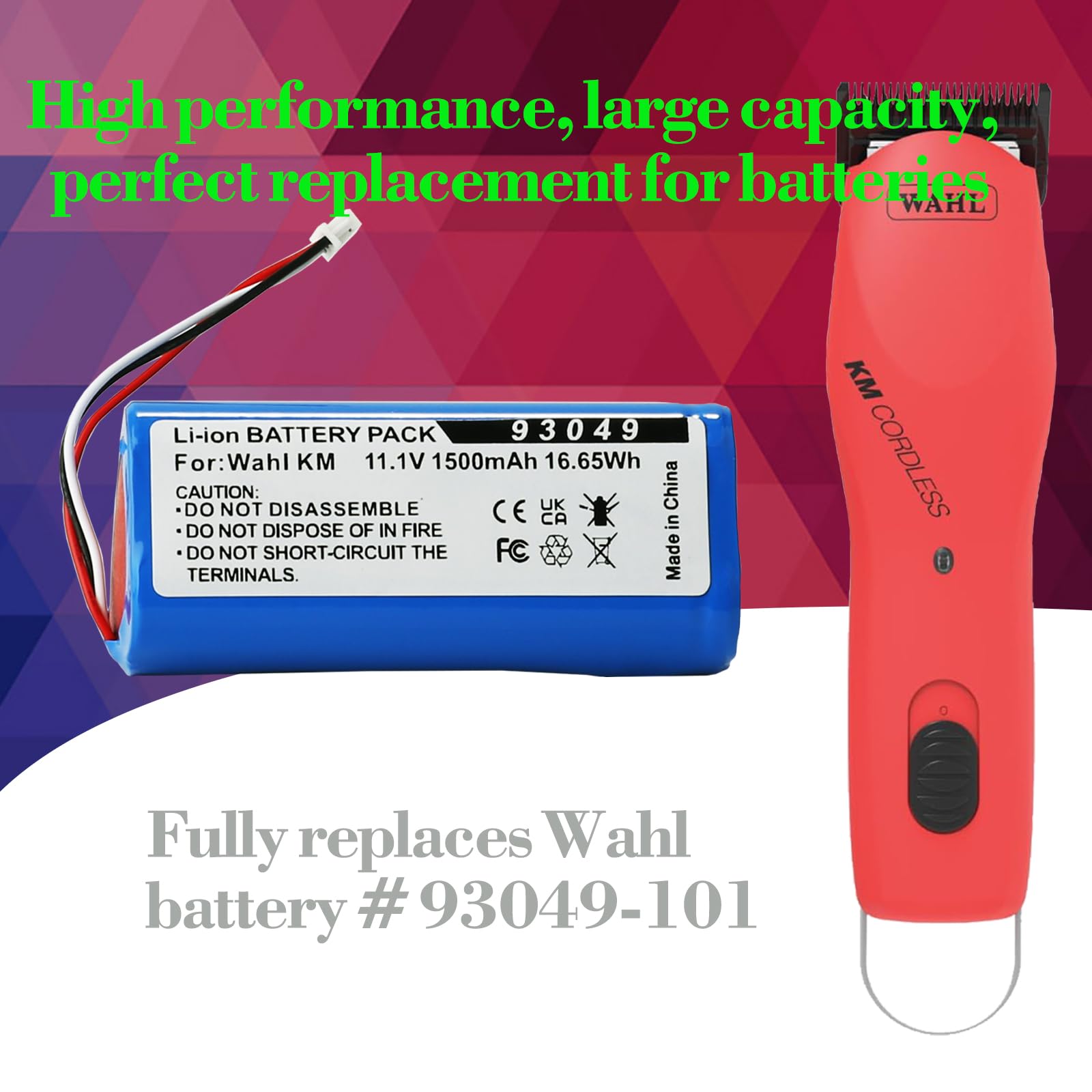 Batería de iones de litio de repuesto para Wahl KM Clippers inalámbricos - repuesto 93049-101 1500mh