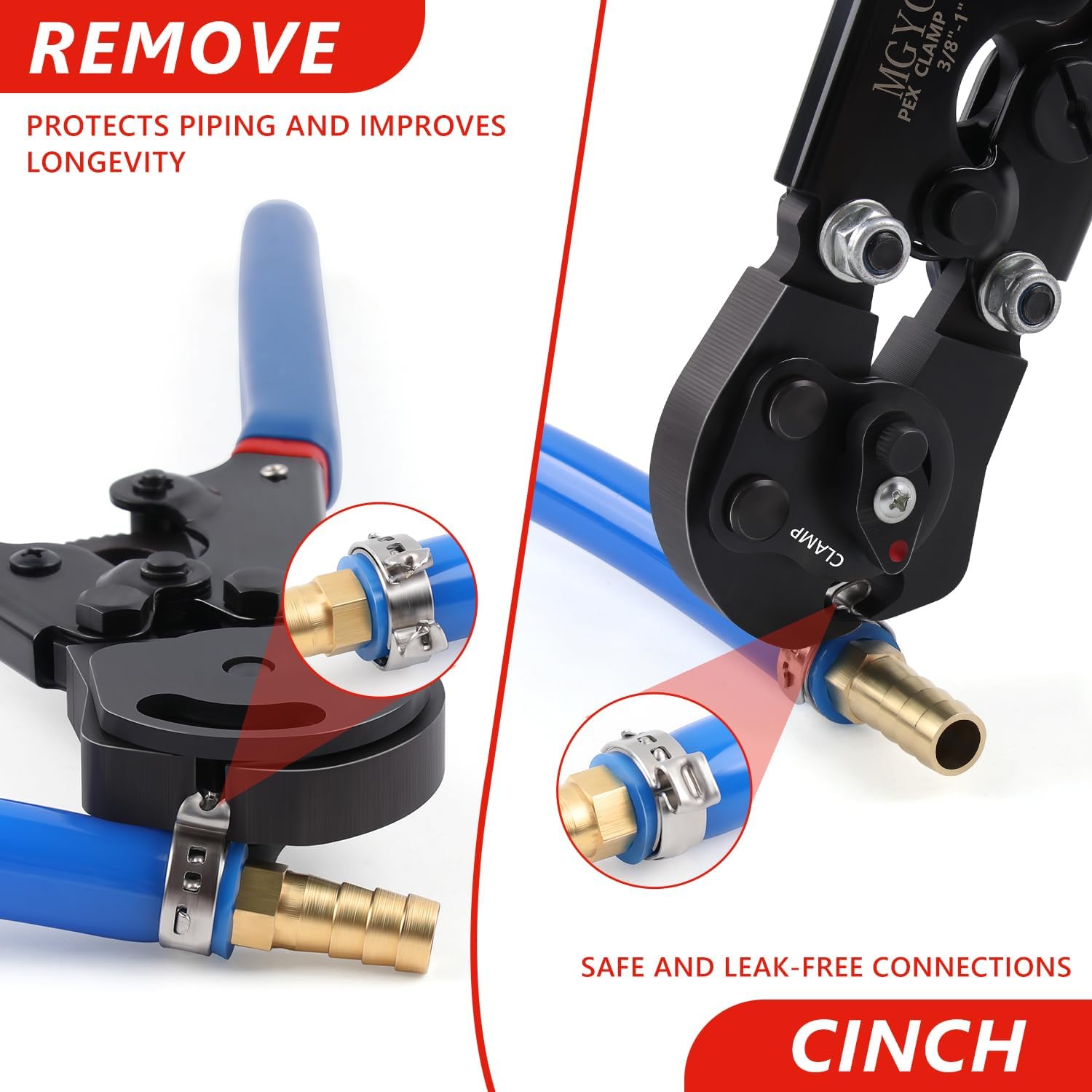 Pex Crimping Tool Cinch and Remove Dual-Function Pex Crimp Tool Ratchet Pex Pipe Crimper for Crimping and Clamping PEX Tubing Stainless Steel Clamps from 3/8" to 1"