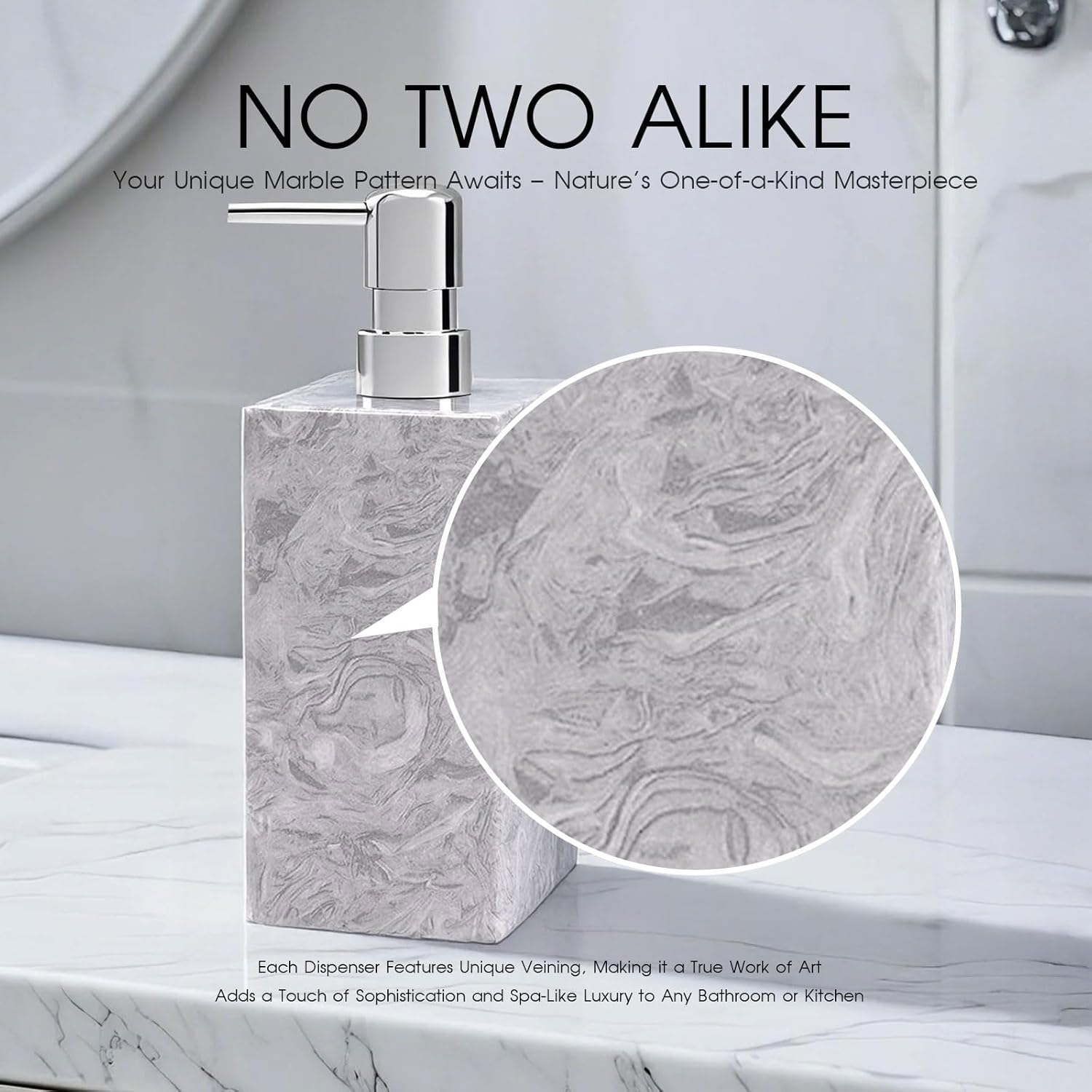 2 Set Real Natural Marble Soap Dispenser with Stainless Steel Pump – Decorative Liquid Hand Soap Bottle for Kitchen & Bathroom, Compatible with Lotion, Dish Soap & Shower Gel (Grey)