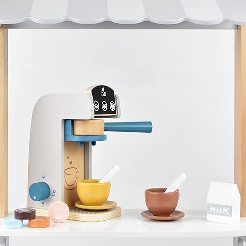 Miniatura 8 de PairPear Juego de cocina de madera, madera de pino maciza 2 en 1, estante de cocina y mercado para niños con pizarra, acabado natural, juego de