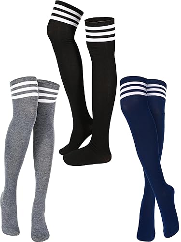 SATINIOR 3 Pairs Knee High Socks Thigh High Triple Stripe over the Knee Socks Long Opaque Thigh Stockings - One Size - Black, Dark Gray, Navy Blue
