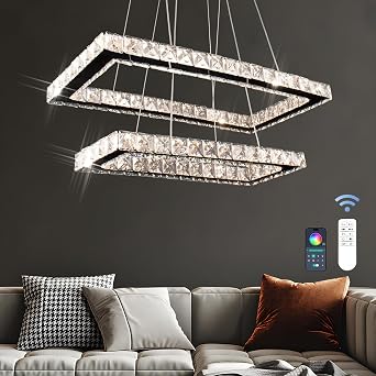 20.5" 2-Ring Rectangular Crystal Chandelier, Dimmable LED Pendant Light 58W