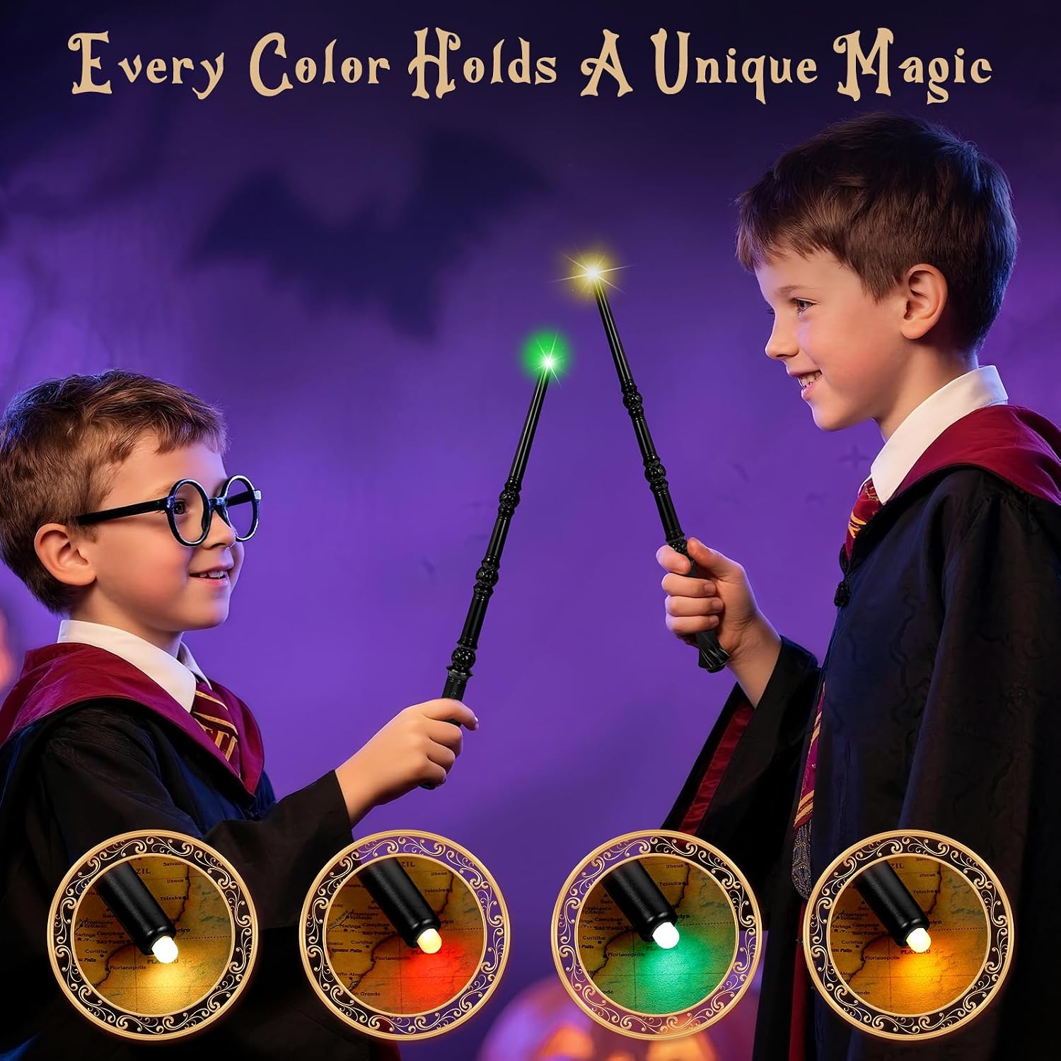 KingVows Light Up Magic Wizard Wand with 4 Color Lights & Sound - Set of 8 Illuminating Witch Sorcerer Toys for Kids Cosplay Party, Black
