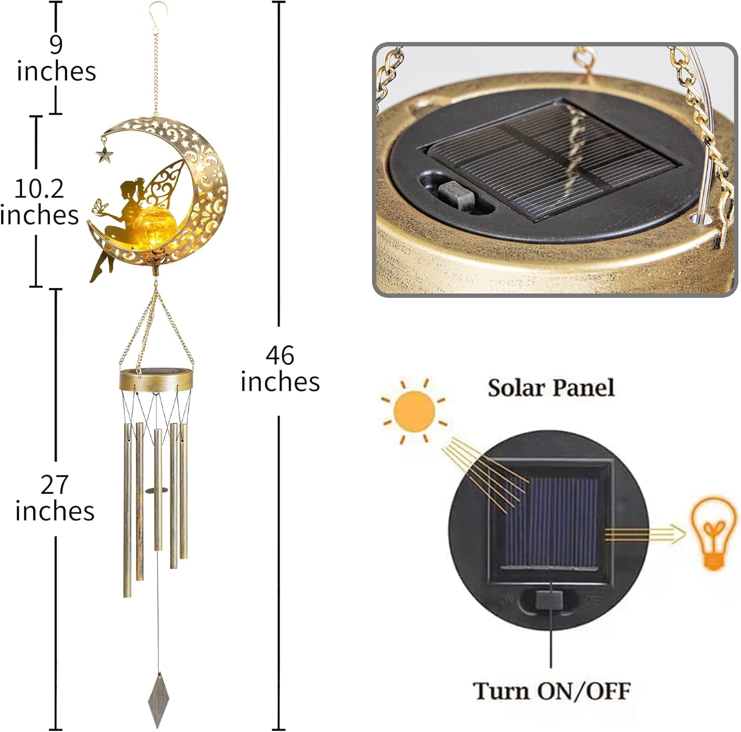 YAKii Fairy Moon Solar Wind Chimes for Outside Lights Gifts for Mom Wife Unique Crackle Glass LED Warm Light Outdoor Hanging Decor Windchimes for Garden Yard Patio Christmas Birthday Mothers Day