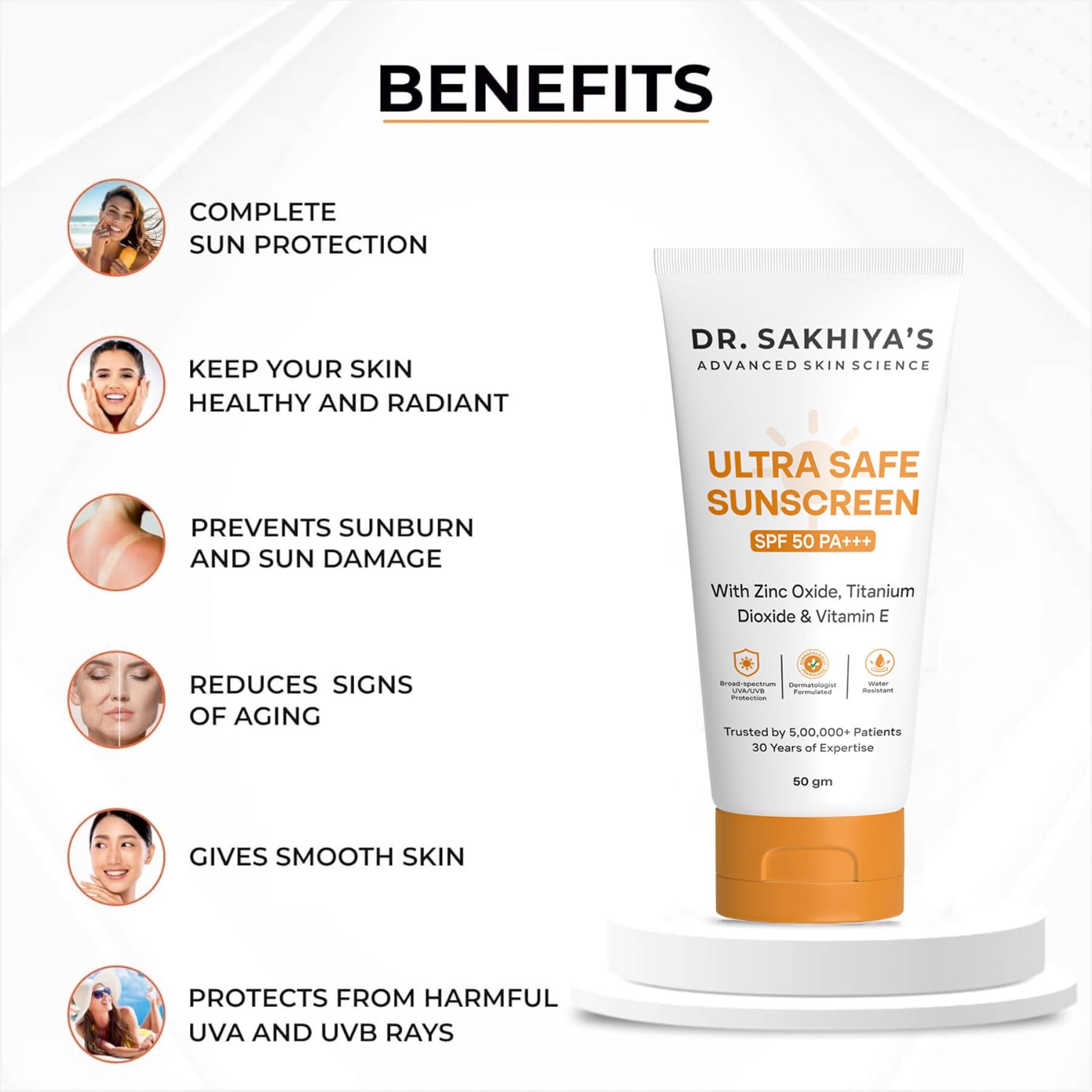 DR. SAKHIYA'S Sunscreen For Broad Spectrum, UVA UVB & Blue Light Sun Tan Protection Non-Sticky, Non Greasy, Waterproof, No White Cast - 50gm (Ultra Safe Sunscreen SPF 50 PA+++) 1