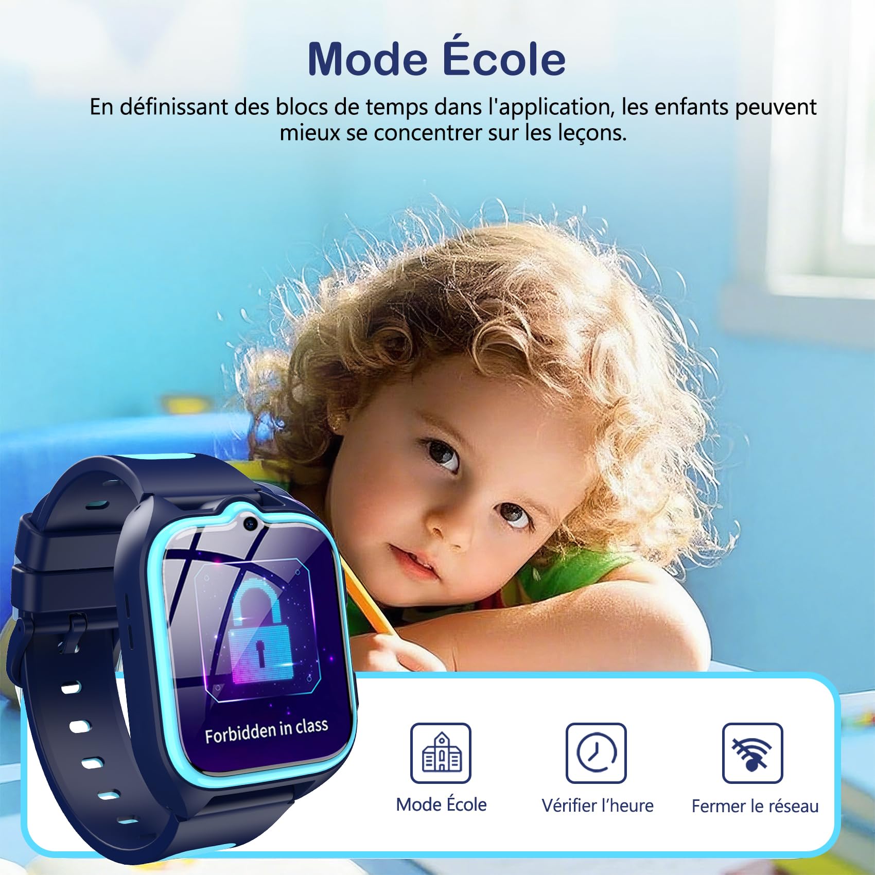 IOWODO Montre Connectée Enfants | GPS Traceur + SOS Appel Urgence | Batterie | Appels Vidéo et Chat Vocal |Mode école et Zones de Sécurité | 5-12 Ans (Bleu)