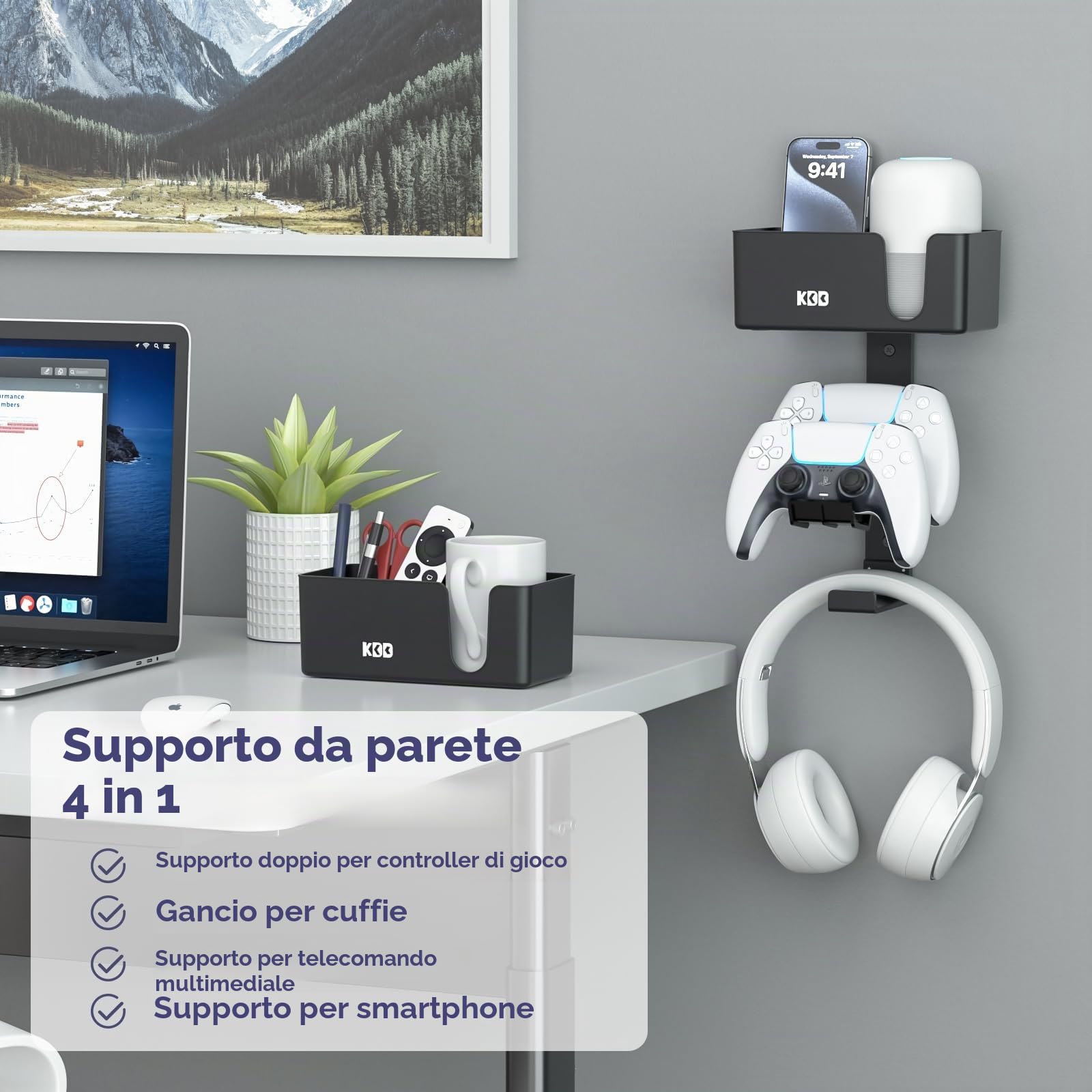 KDD 4 in 1 Supporto Parete per Controller, Doppio Porta Controller per PS5/PS4/Xbox e Cuffie con Cuscinetti Antiscivolo, Rimovibile Mount per TV Telecomando