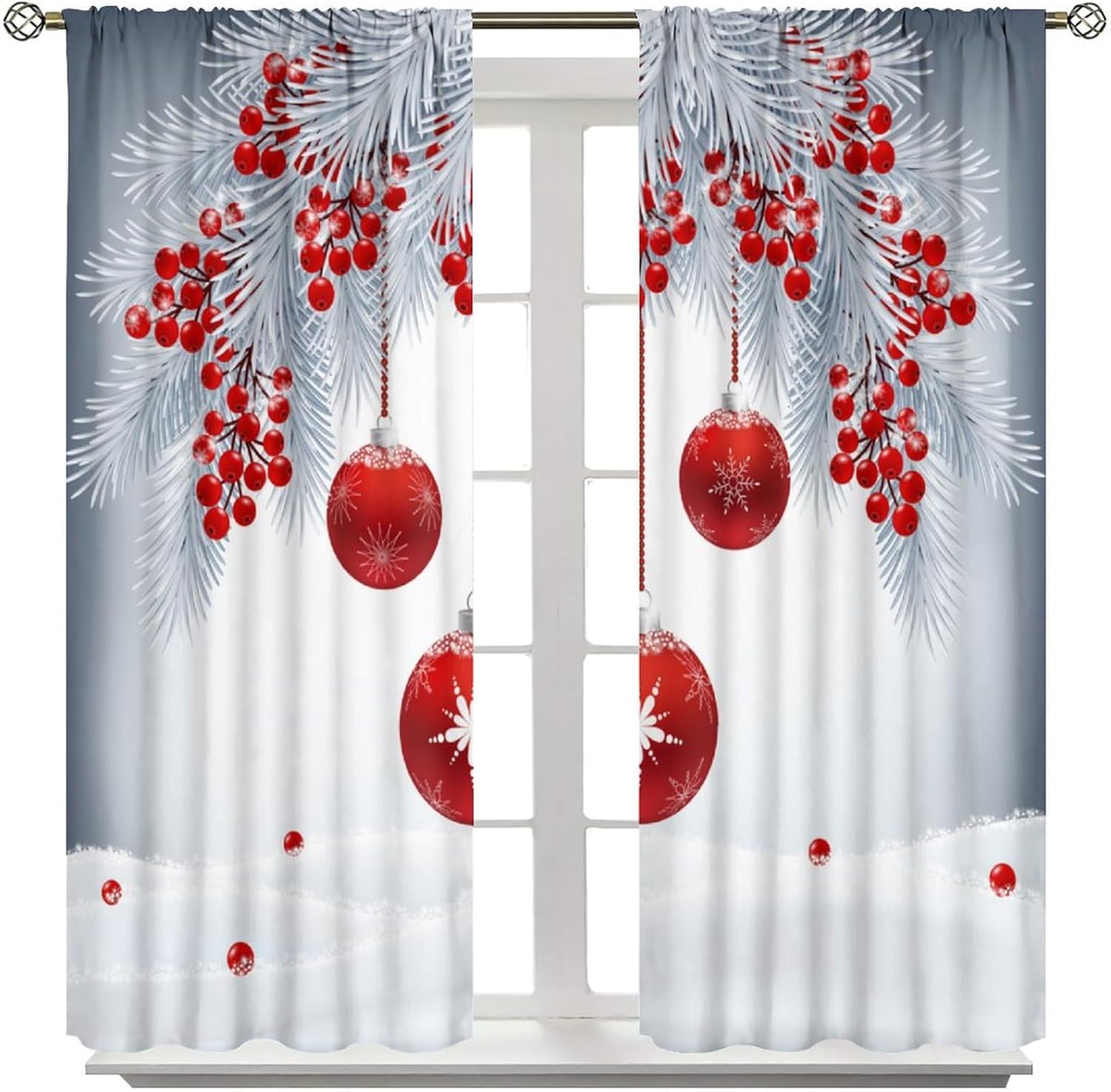 Merry Christmas Curtains for Bedroom, Xmas Red Balls Berryies Silver Fir Branches Winter Sparkling Snow Window Treatments for Living Room Kids Boys Girls Room, 42" W X 63" L, Blackout