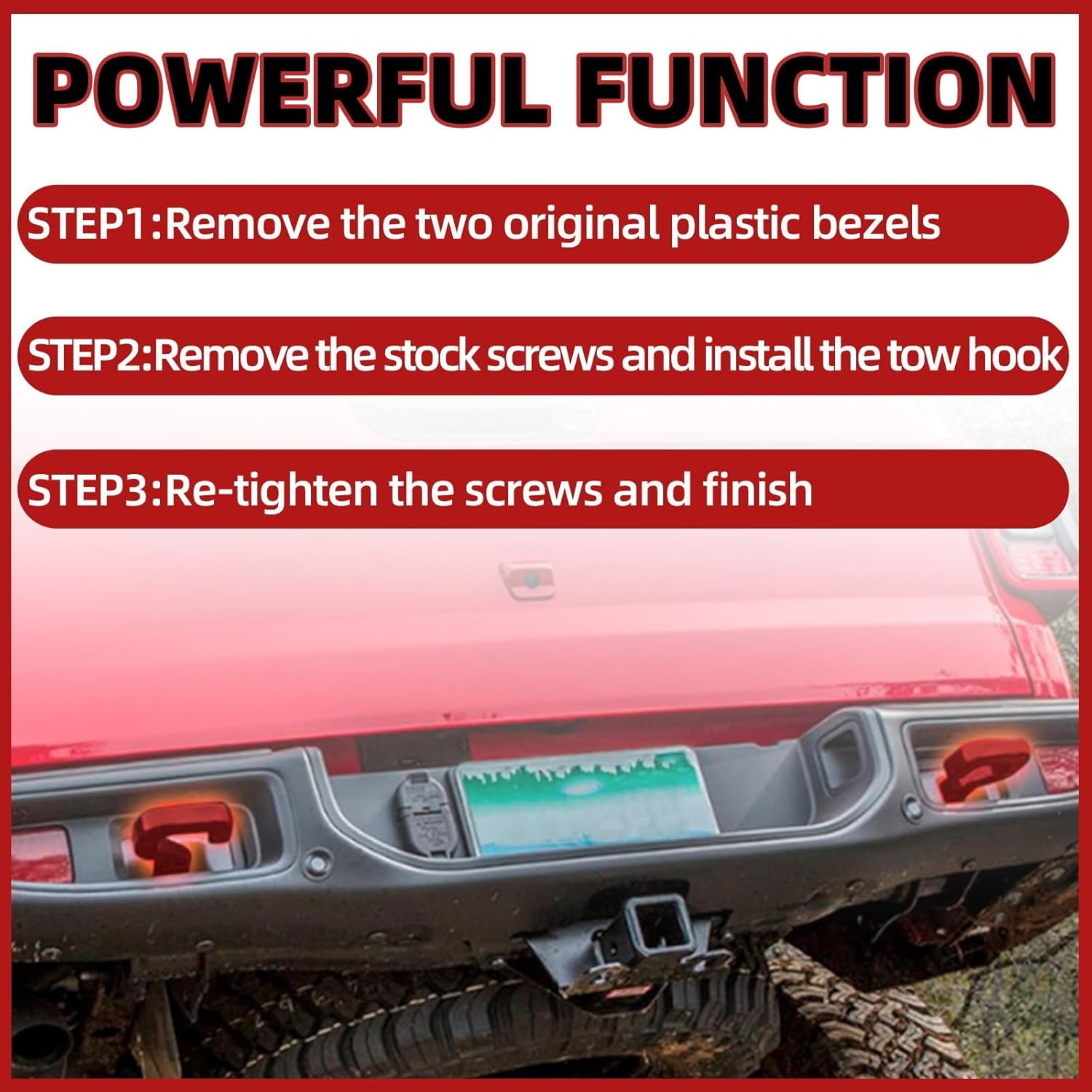 Red Rear Tow Hook Right Side or Left Side Compatible with Jeep Gladiator JT 3.0L 3.6L 2020-2024 Replace 68334733AA 68334733AB 70304021TA