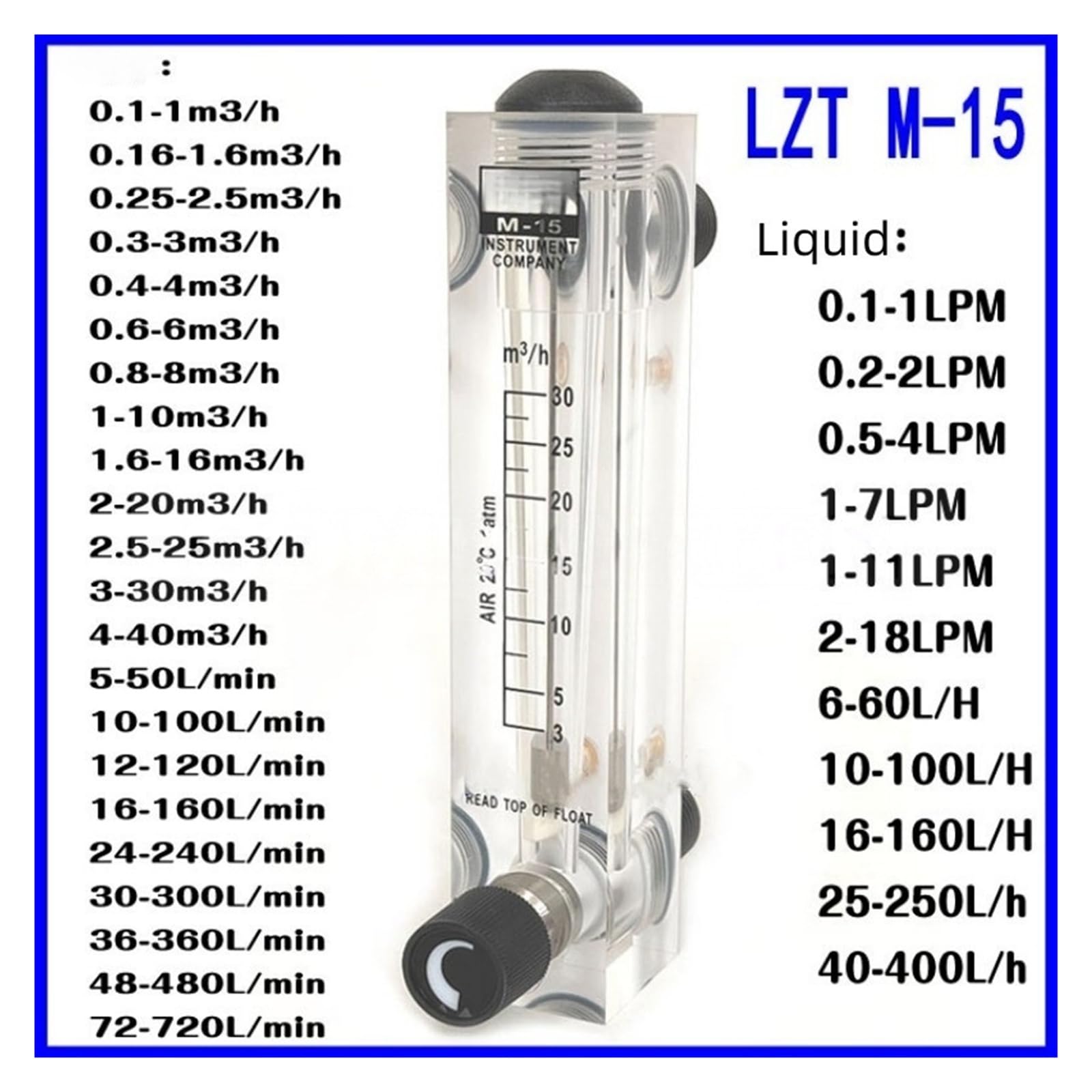 Rotor de caudalímetro flotante LZM-15ZT, caudalímetro acrílico líquido G1/2"(36-360LPM gas)
