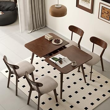 39-55 Oak Extendable Dining Table and Chairs Set of 4, Solid Wood Folding Kitchen Table, Mid Century Modern Dinner Table for Kitchen, Apartment, Living Room Walnut 39-55+4 Cushion Chairs