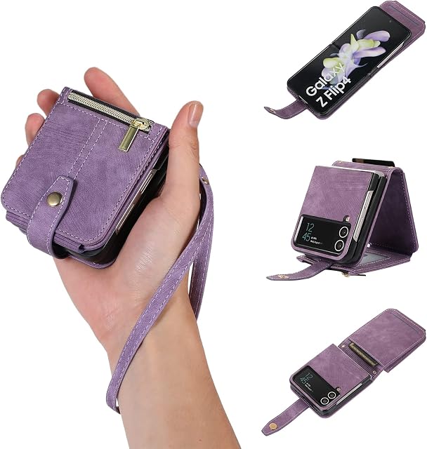 UEEBAI Case for Z Flip 4, 9 Card Slots Retro Leather Wallet Shockproof Flip Cover with Hand Strap Card Slots Zipper Pocket Kickstand Handbag Magnetic Closure - Purple