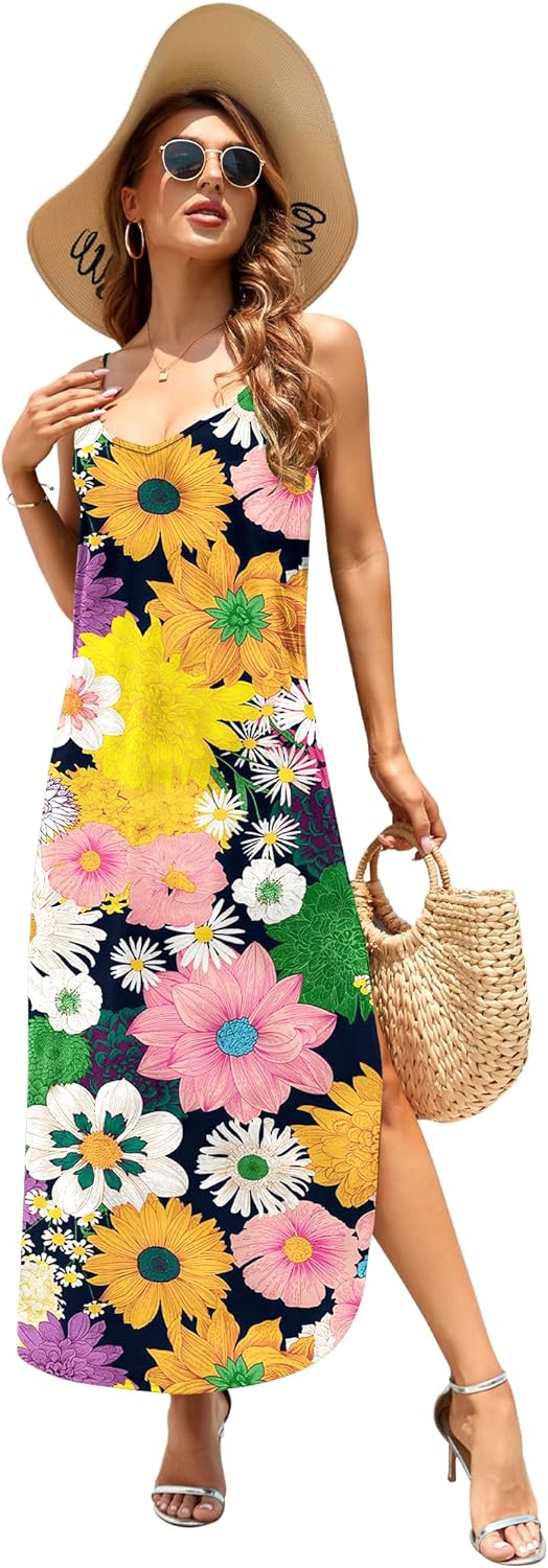 HUSKARY Women's Summer Casual Sleeveless V Neck Strappy Split Loose Dress Beach Cover Up Long Cami Maxi Dresses with Pocket - Image 4