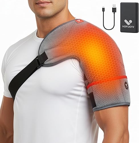 Vofuoti Almohadilla térmica de hombro, soporte de hombro portátil con batería y 3 ajustes de calor, envoltura térmica inalámbrica para hombres y