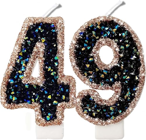 Velas de números con purpurina azul y negro de 2.8 pulgadas, regalos de cumpleaños 49 y 94 para mujeres y hombres, velas de cumpleaños, velas de
