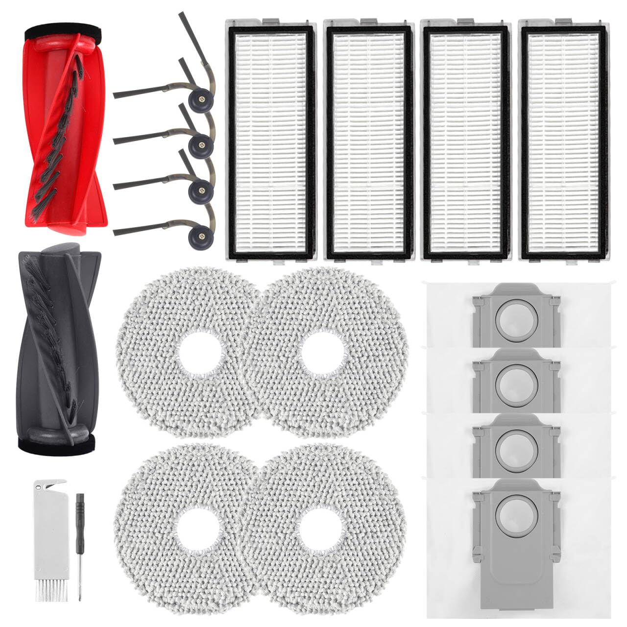 YYDSLEE 20 Stück Zubehör für Roborock Qrevo Curv/Qrevo Curv S5X/Qrevo Edge/Qrevo Edge S5A Saugroboter, 1 Hauptbürste 4 Seitenbürsten 4 Staubbeutel 4 Wischtücher 4 HEPA Filter Ersatzteile Zubehörset