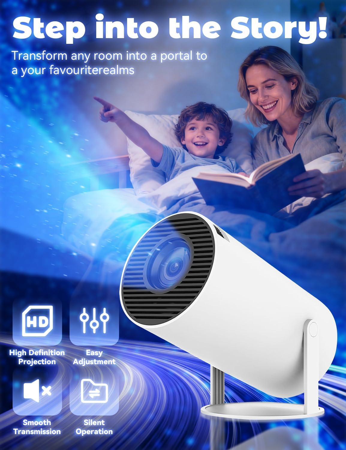 Portable Projector with Wifi and Bluetooth, 4k Supported & Auto Focus Window Projector, Mini Projector 180° Rotating Built-In Speaker for Reading Ambiance, Home Atmosphere (Black)