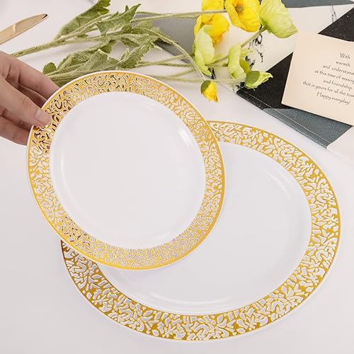 Miniatura 7 de supernal Elegante juego de vajilla desechable de encaje dorado, juego de 180 piezas  30 platos redondos de plástico para cenapostre, 90 cubiertos de