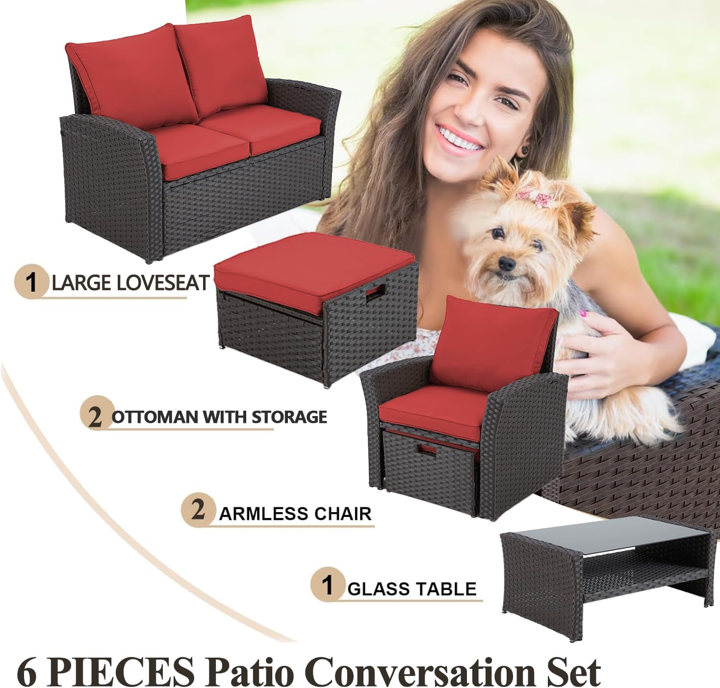HOMREST 6 Pieces Outdoor Patio Furniture Set with Coffee Table, Patio Conversation Set with Ottoman with Storage, Outdoor Sofa for Garden, Porch, Deck, Backyard (Burgundy)