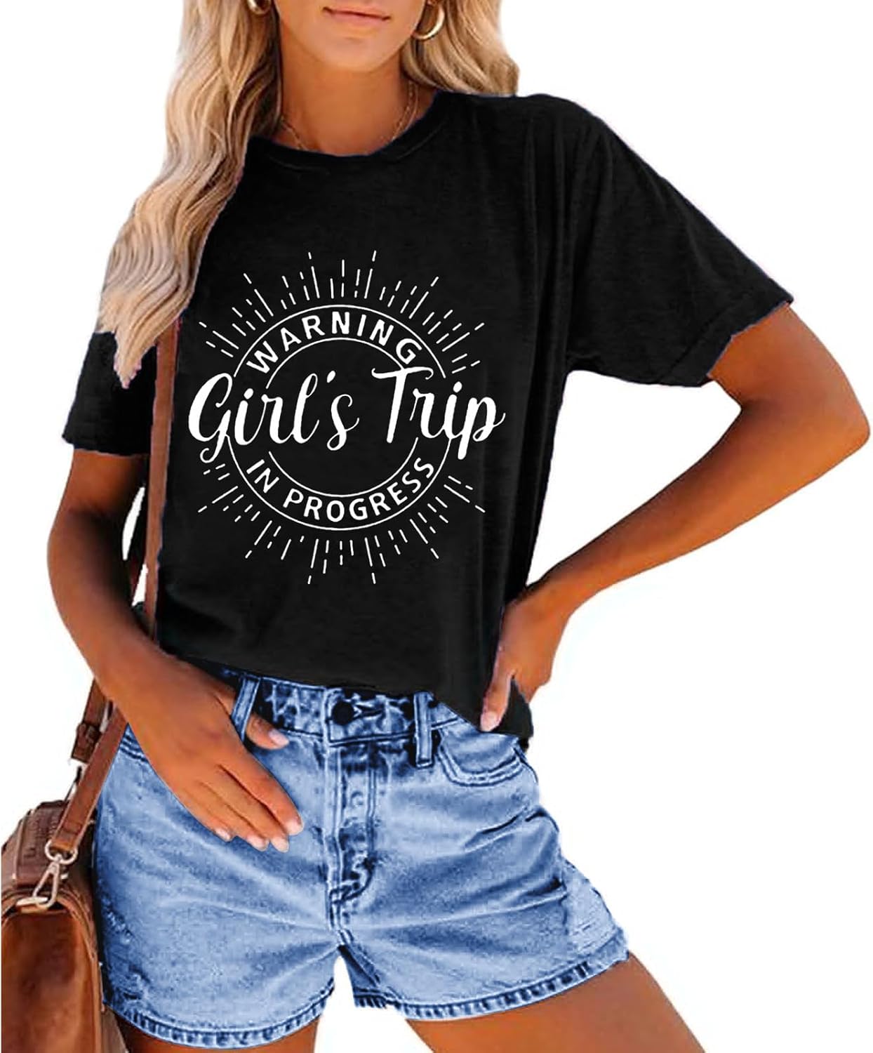 Women's Casual Warning Girls Trip in Progress T-Shirt Casual Crewneck Short Sleeve Graphic Tee - Image 2