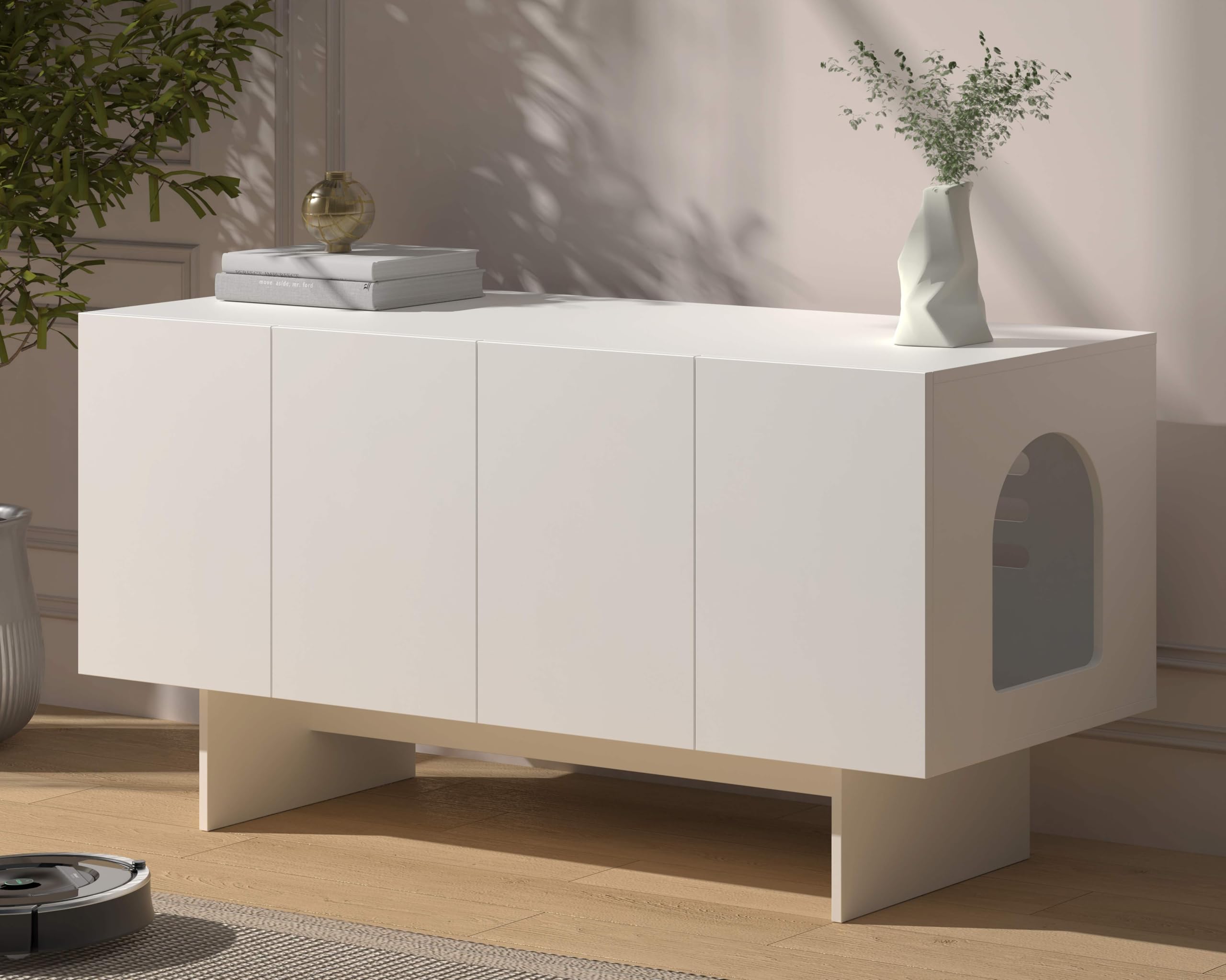 Double Litter Box Enclosure, Litter Box Enclosure for 2 Litter Boxes, Modern Litter Box Furniture for 2 Cats, Scandi Style (White)