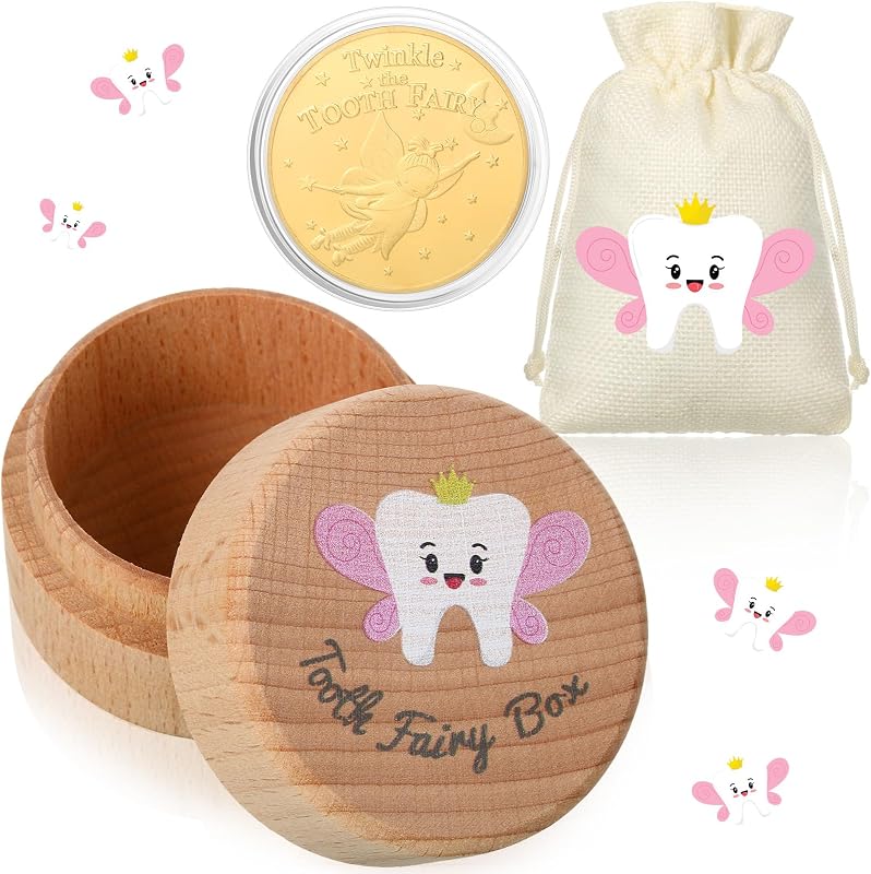 Equsion Juego de 3 soportes para dientes de caja de hada de los dientes para regalo de niñas, rosa | Bolsa de Hada de los dientes con moneda de recompensa dorada, caja de madera para recuerdos de bebé, debajo de la almohada para el primer almacenamiento de dientes perdidos, cumpleaños de chico
