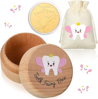 Equsion Juego de 3 soportes para dientes de caja de hada de los dientes para regalo de niñas, rosa | Bolsa de Hada de los dientes con moneda de recompensa dorada, caja de madera para recuerdos de bebé, debajo de la almohada para el primer almacenamiento de dientes perdidos, cumpleaños de chico