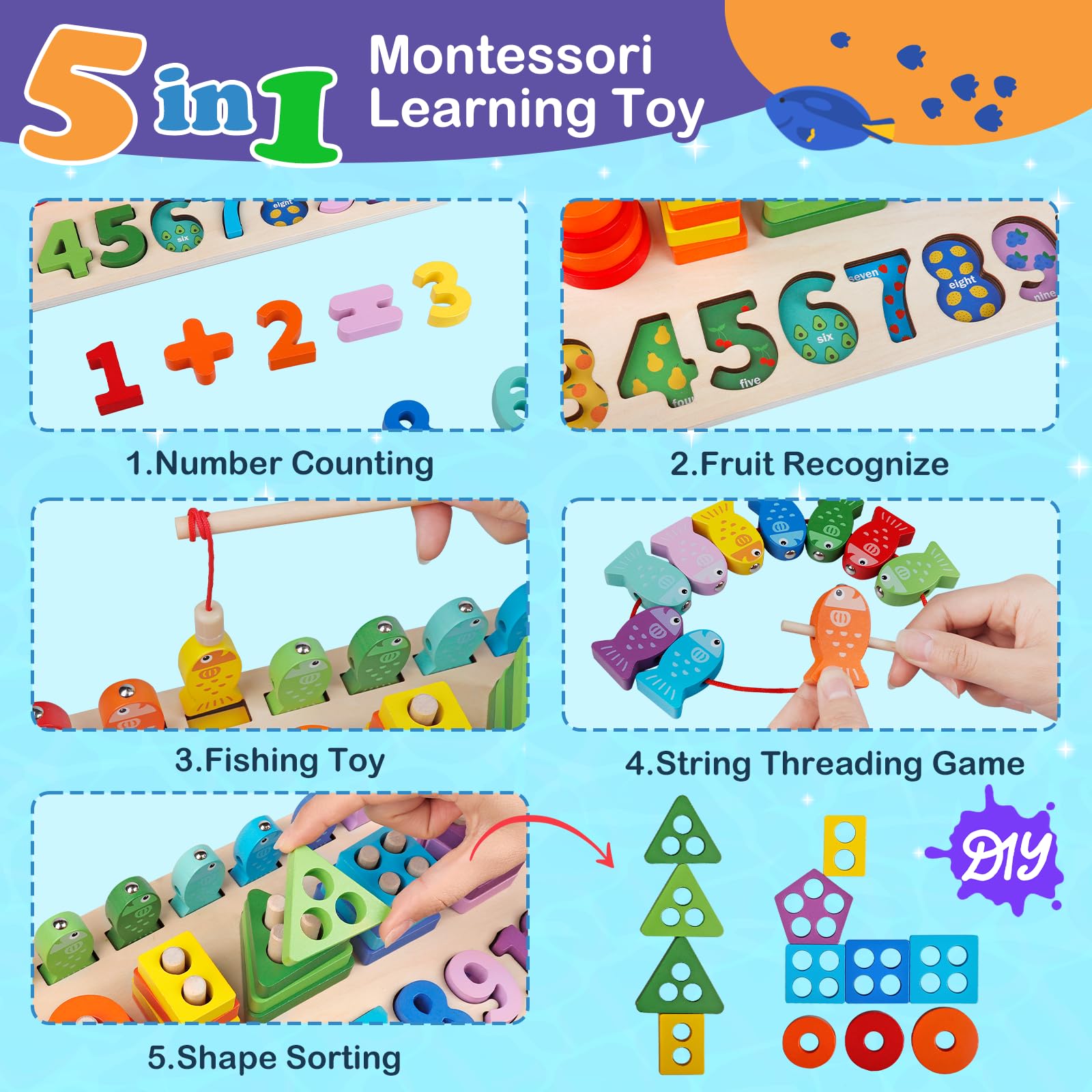 Plunack Jouet Montessori En Bois – Jeu De Pêche Magnétique, Couleurs, Formes, Chiffres – Pour Enfants 2, 3, 4 Ans