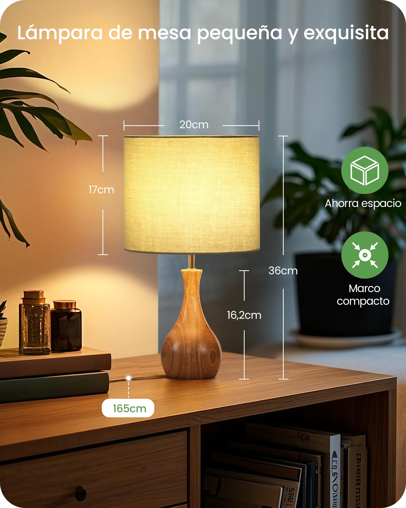 Lámpara de Mesita de Noche de Madera Verde | Maciza con Base en Forma de Botella, Pantalla de Lino, Incluye una Bombilla LED 2700K, para Sala de Estar, Dormitorio