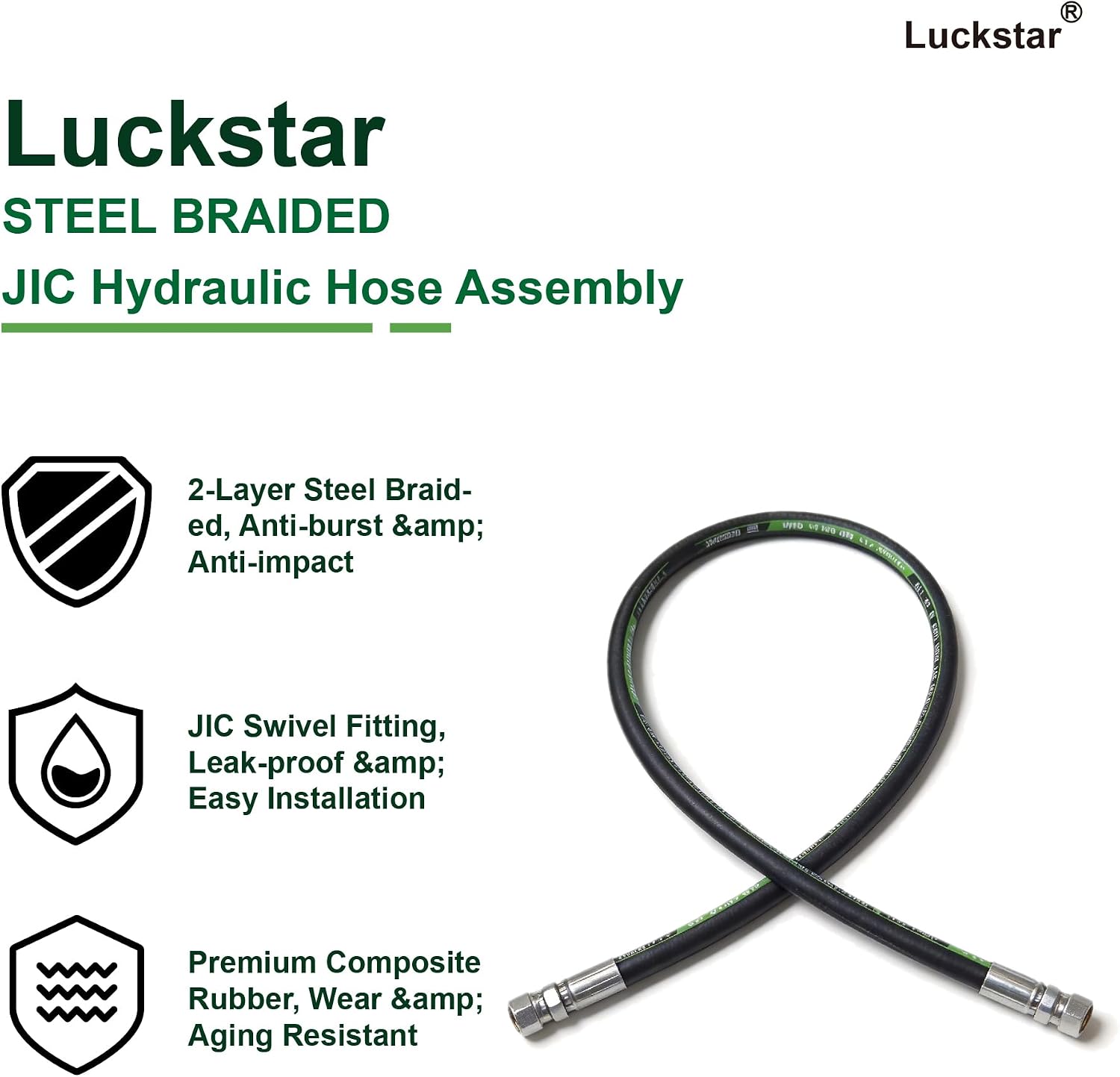 Luckstar 26711-08-08 60" Long 1/2" Hydraulic Hose Swivel Assembly, 2-Layer Steel Braided, EN853 SAE 100R2AT, Female JIC 37° x Female JIC 37°, 6525 PSI Working Pressure