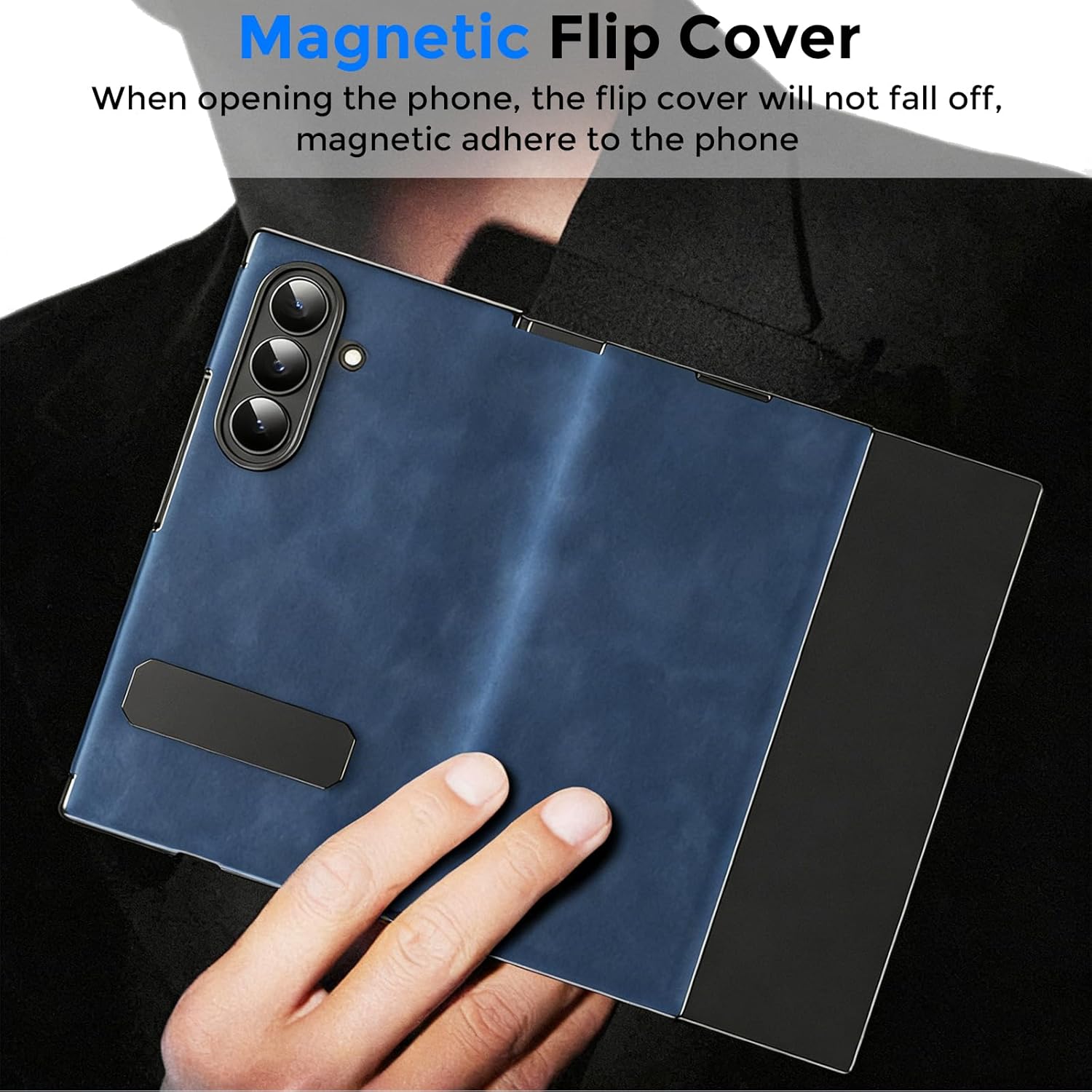 for Samsung Galaxy Z Trifold Case with Rotation Stand, Magnetic Hinge Protection Cover Full Coverage Shockproof Bumper Business PU Leather Protective Case for Galaxy Z Trifold Blue