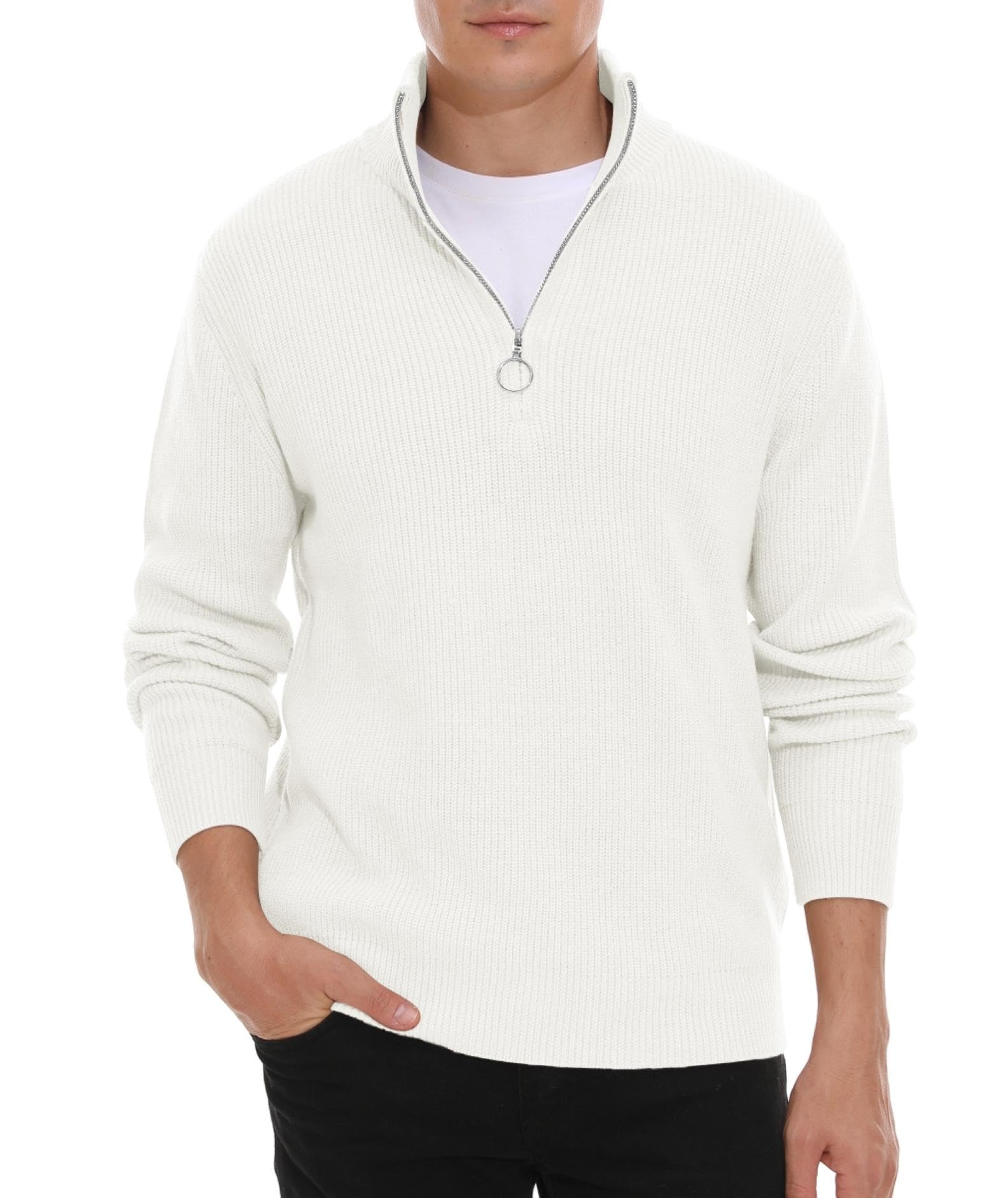 Pull homme en tricoté 1/4 zip col montant pull hiver confortable