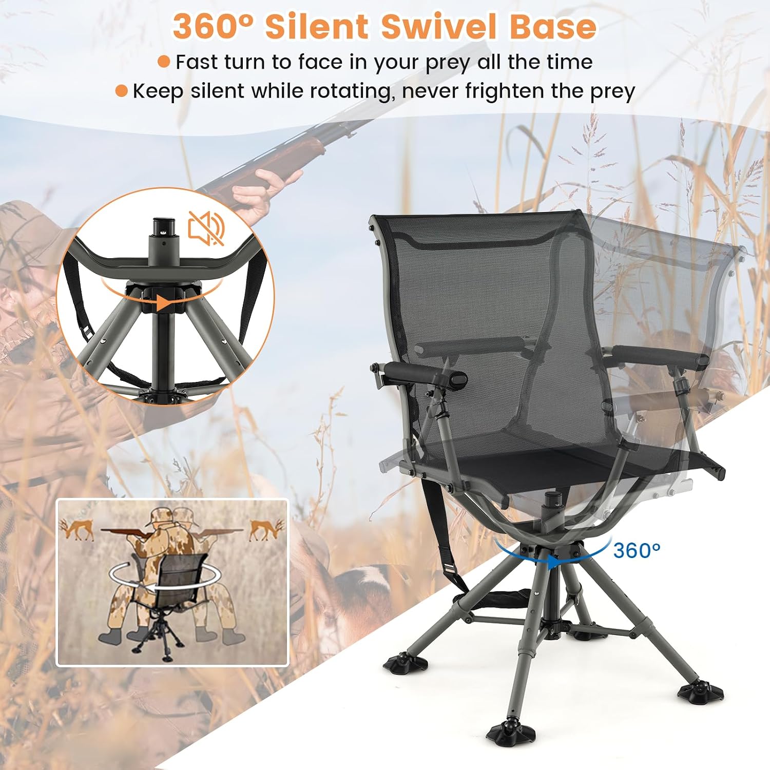 GYMAX Hunting Chair, 360 Degree Swivel Folding Hunting Seat with Carrying Handle & Duck Feet, Height Adjustable, 400 LBS Silent Hunting Blind Chair for Outdoor Fishing