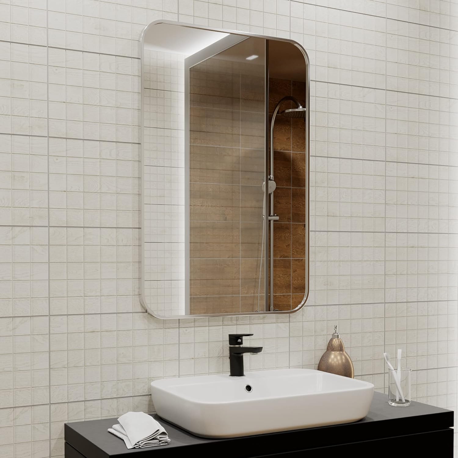 BEAUTYPEAK Wall Mirror 20" x 28" Rectangular Rounded Corners Mirror with Aluminum Alloy Frame Hanging Mirror for Living Room Bedroom Bathroom Entryway, Hangs Horizontal or Vertical, Silver : Home & Kitchen